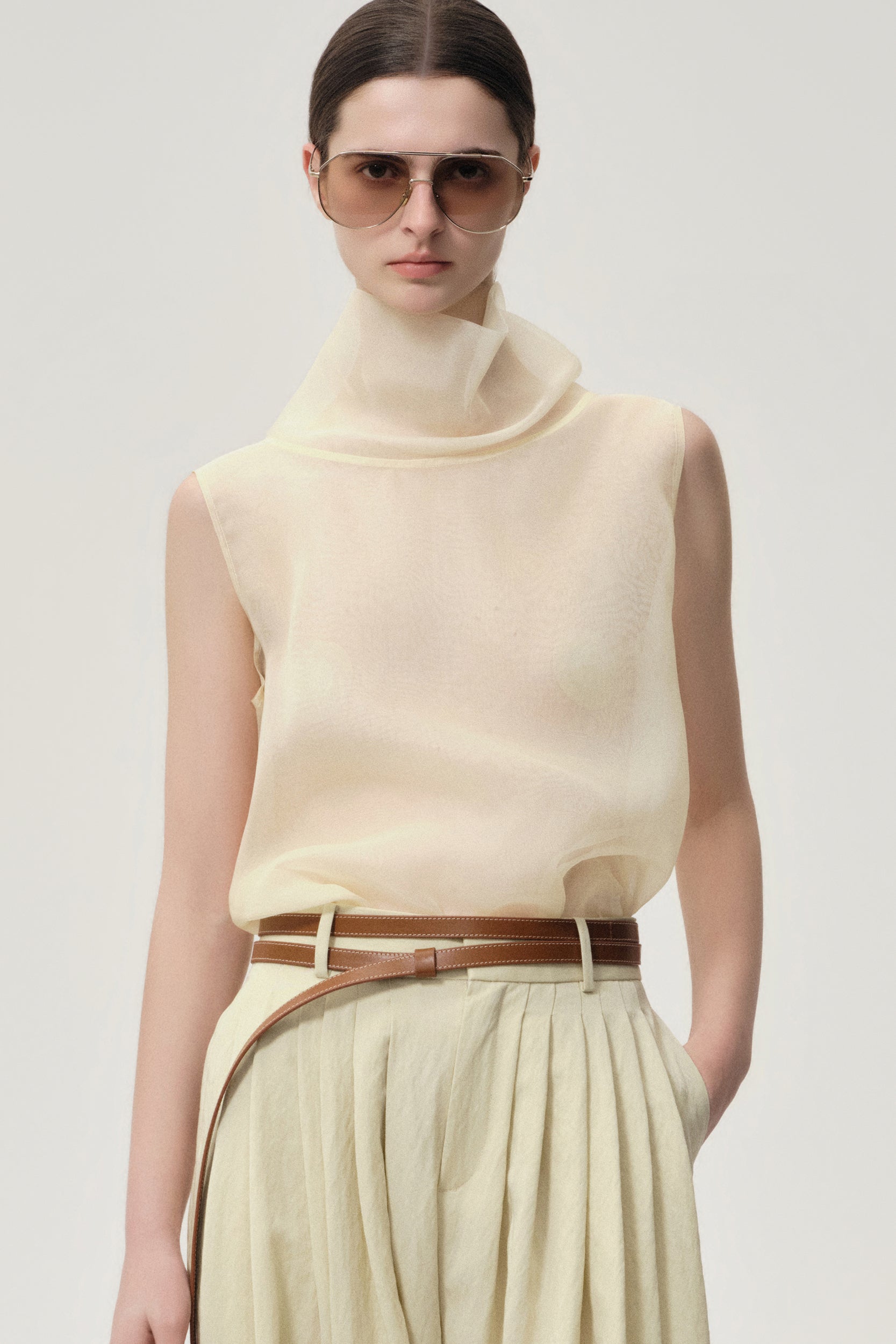 Silk Organza Turtleneck Top Butter