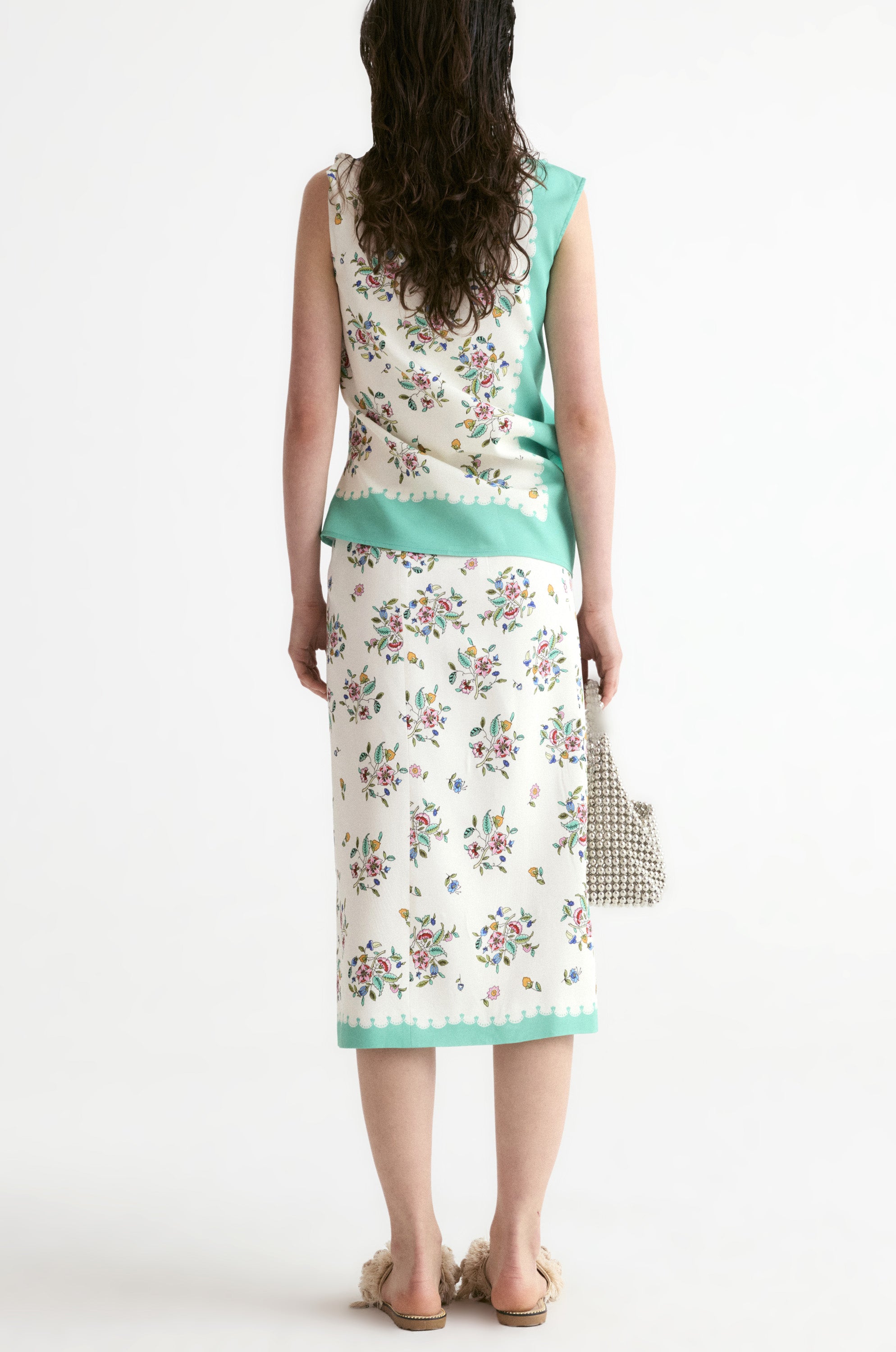 Scarf-print Front Slit Midi Skirt