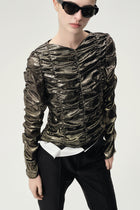 Metallic Silk Elastic Gathered Blouse Gold