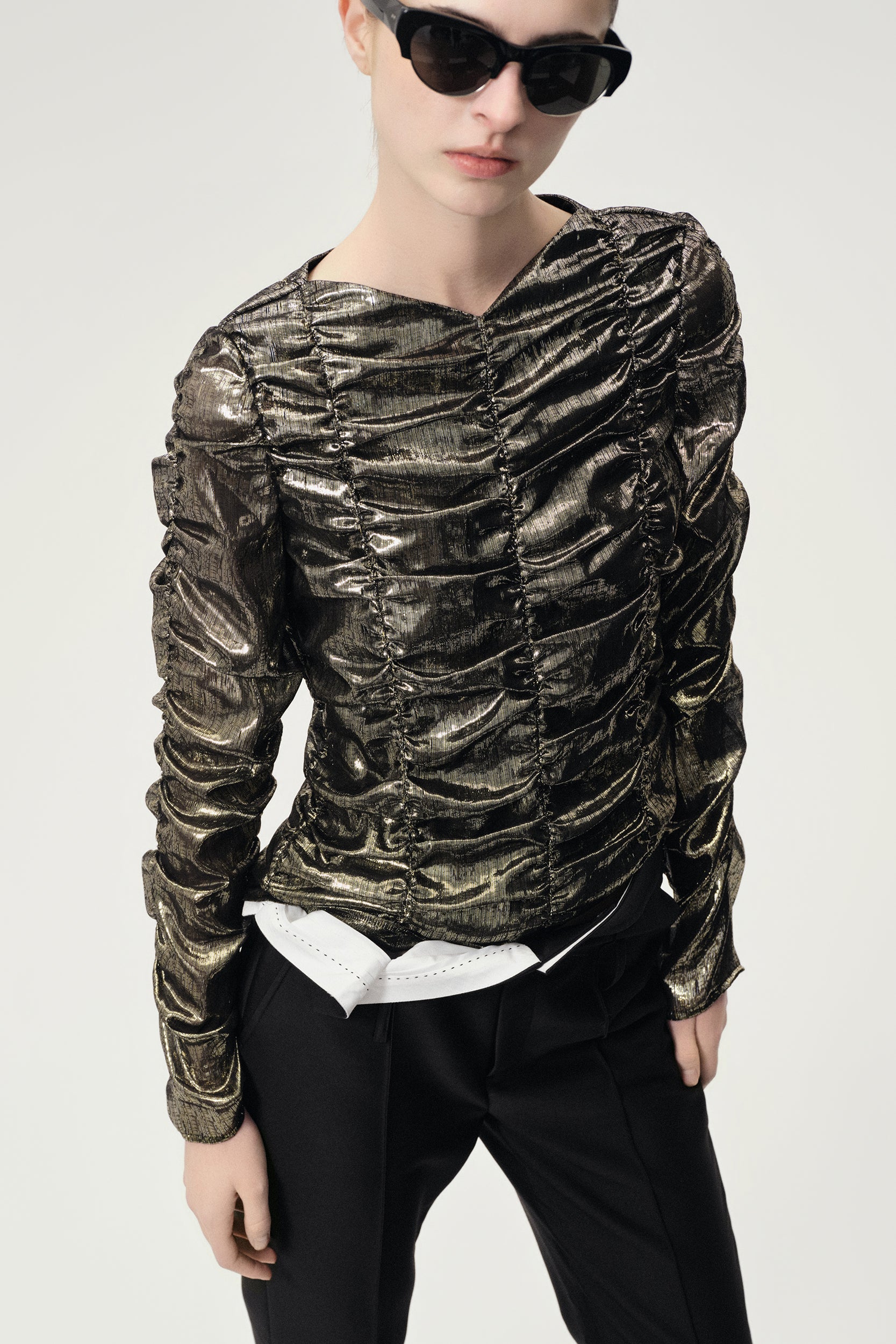 Metallic Silk Elastic Gathered Blouse Gold