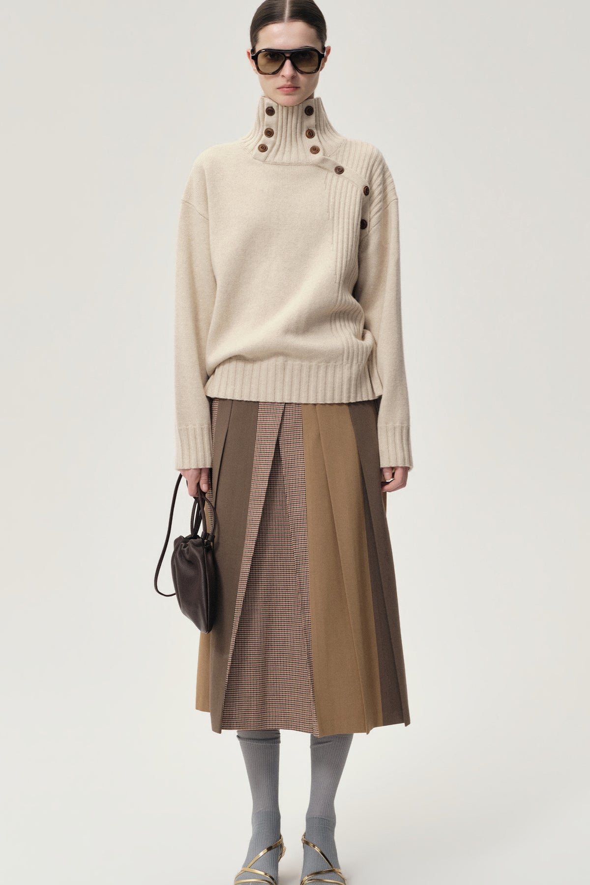 Pleated Color-block Skirt Camel