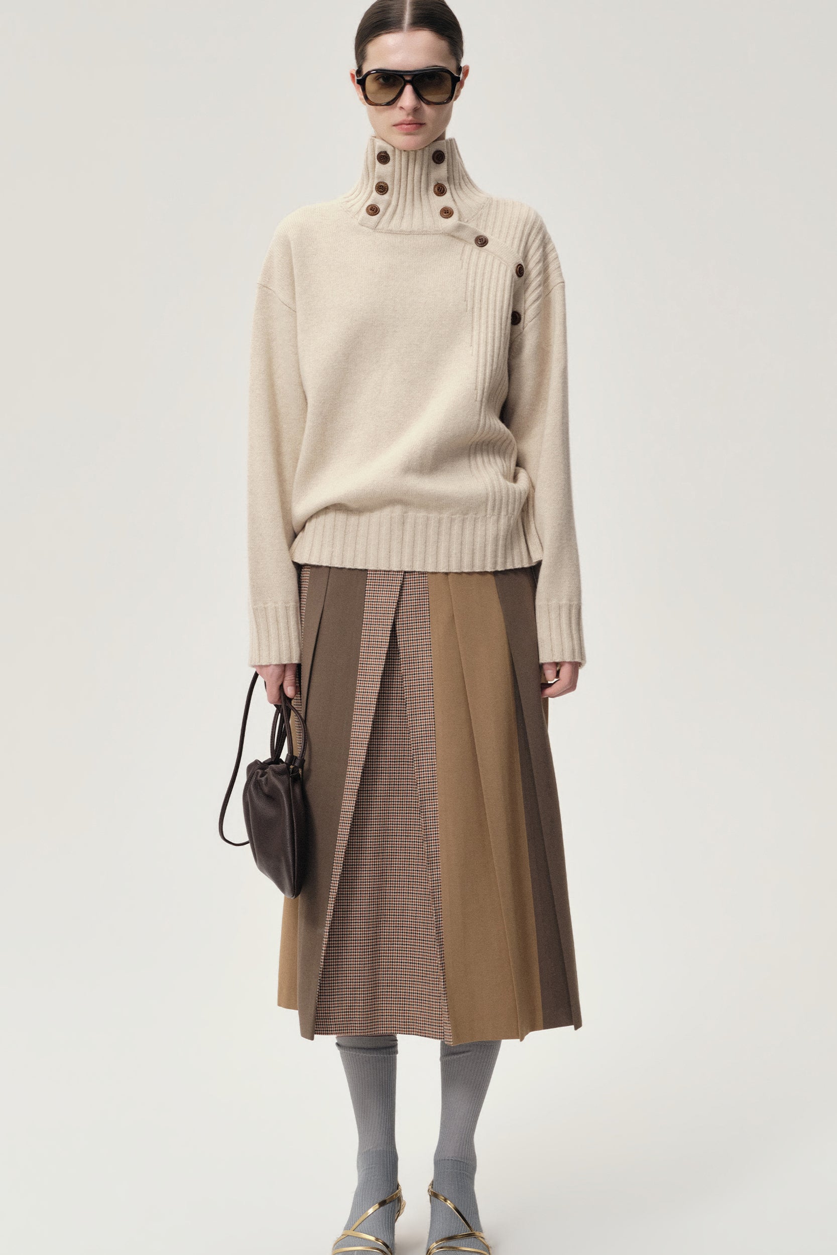 Pleated Color-block Skirt Camel