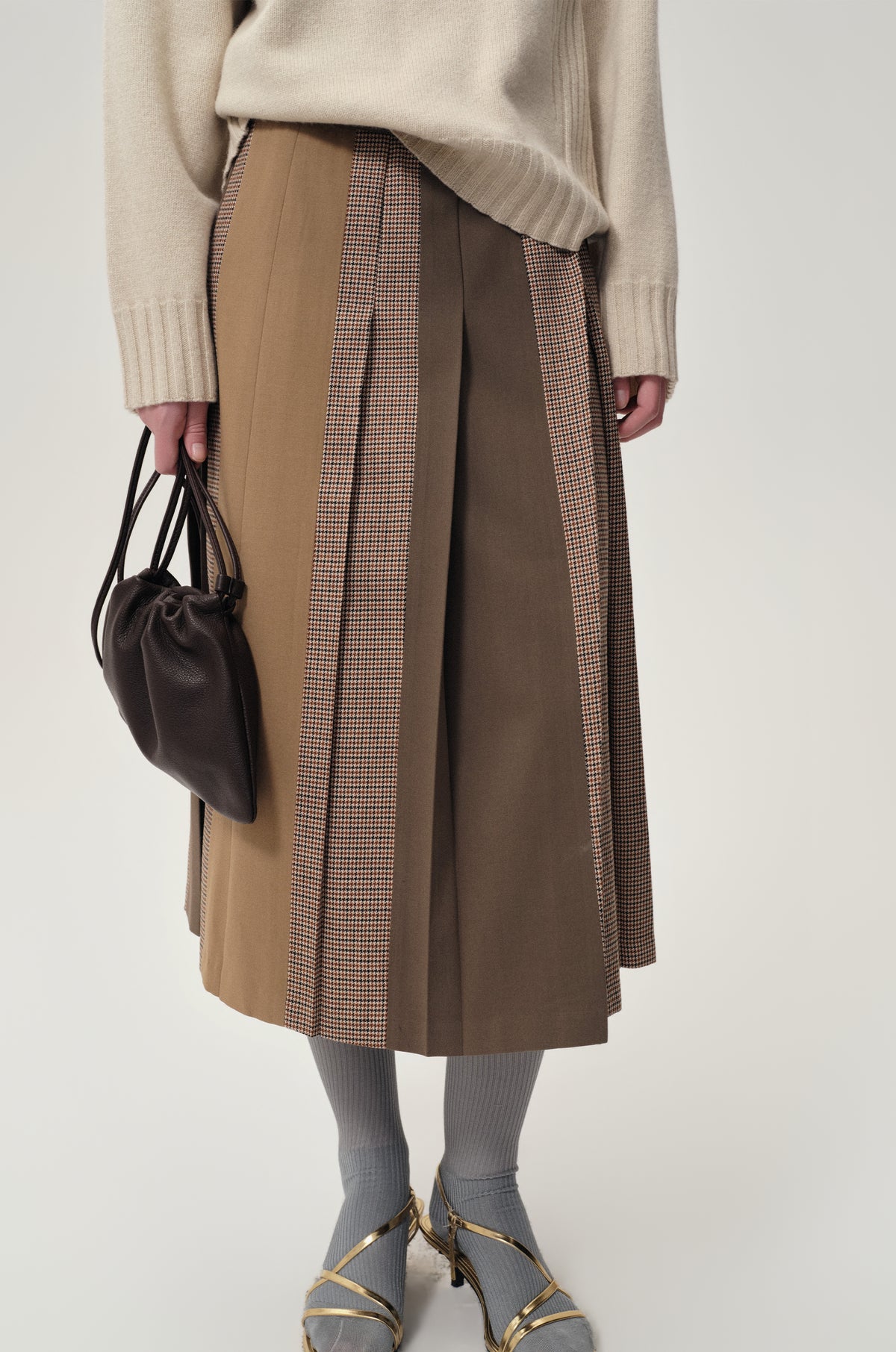 Pleated Color-block Skirt Camel
