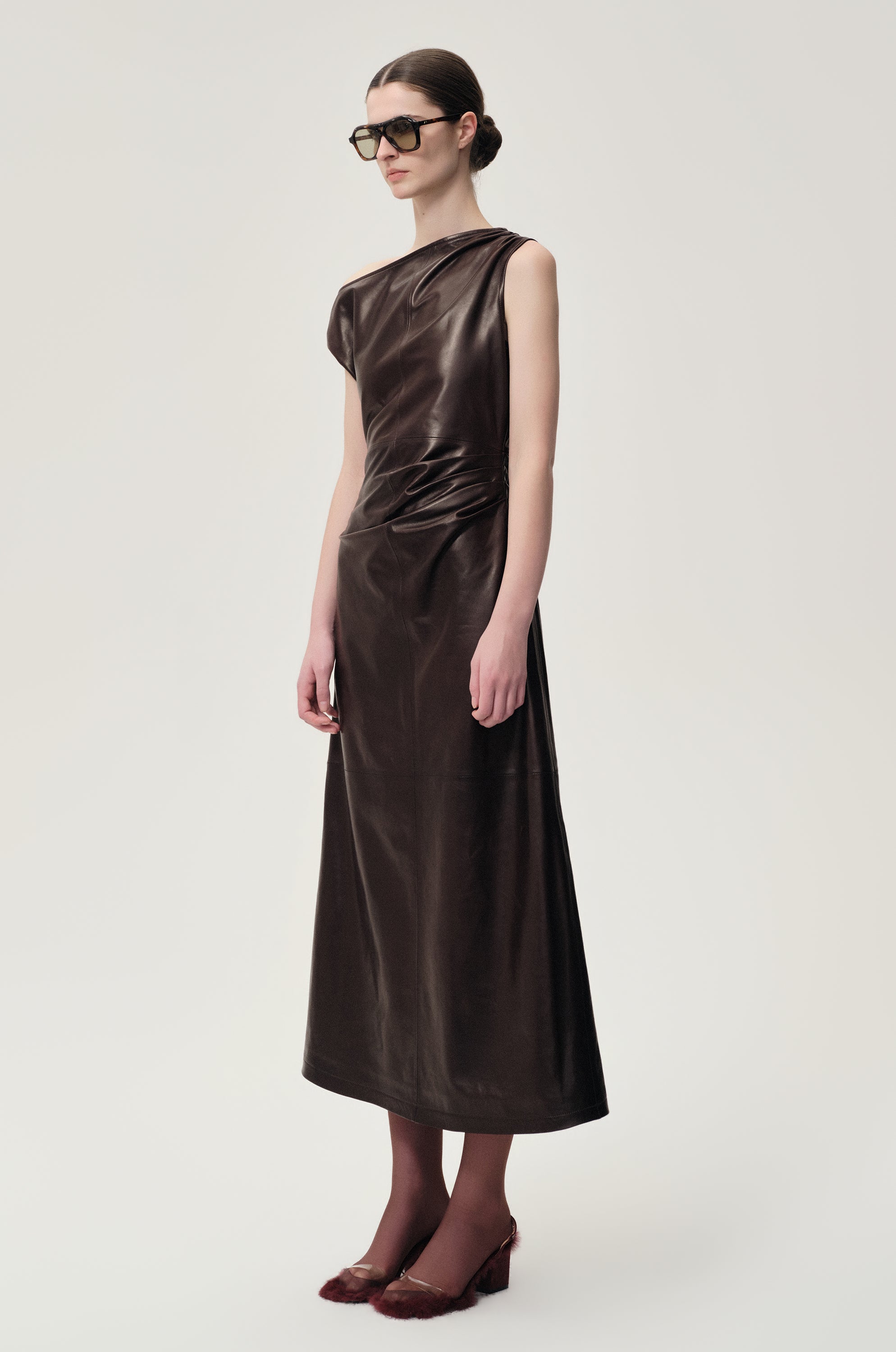 One-shoulder Draped Lambskin Dress Rum