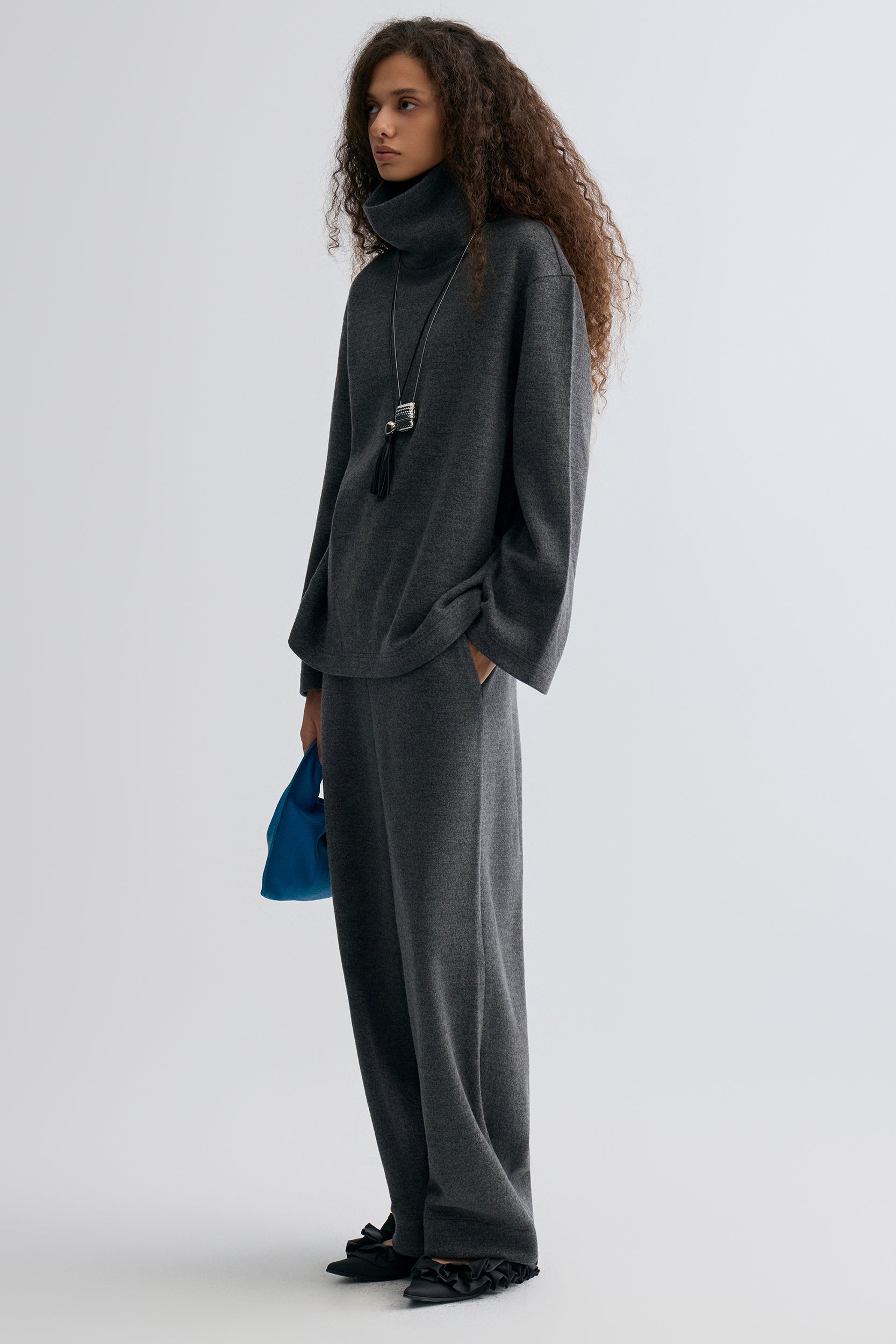 Boxy High Neck Wool Sweater Grey Melange