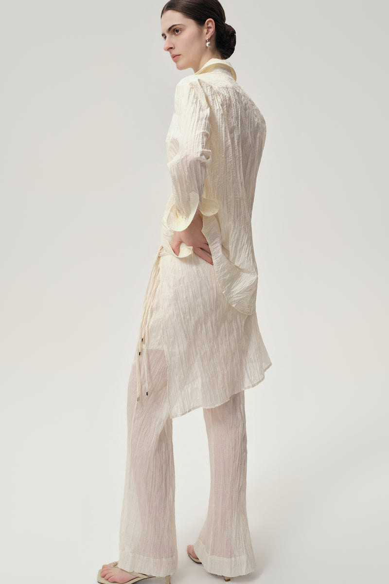 Crinkled Gauze Layered Skirt Trousers Ecru