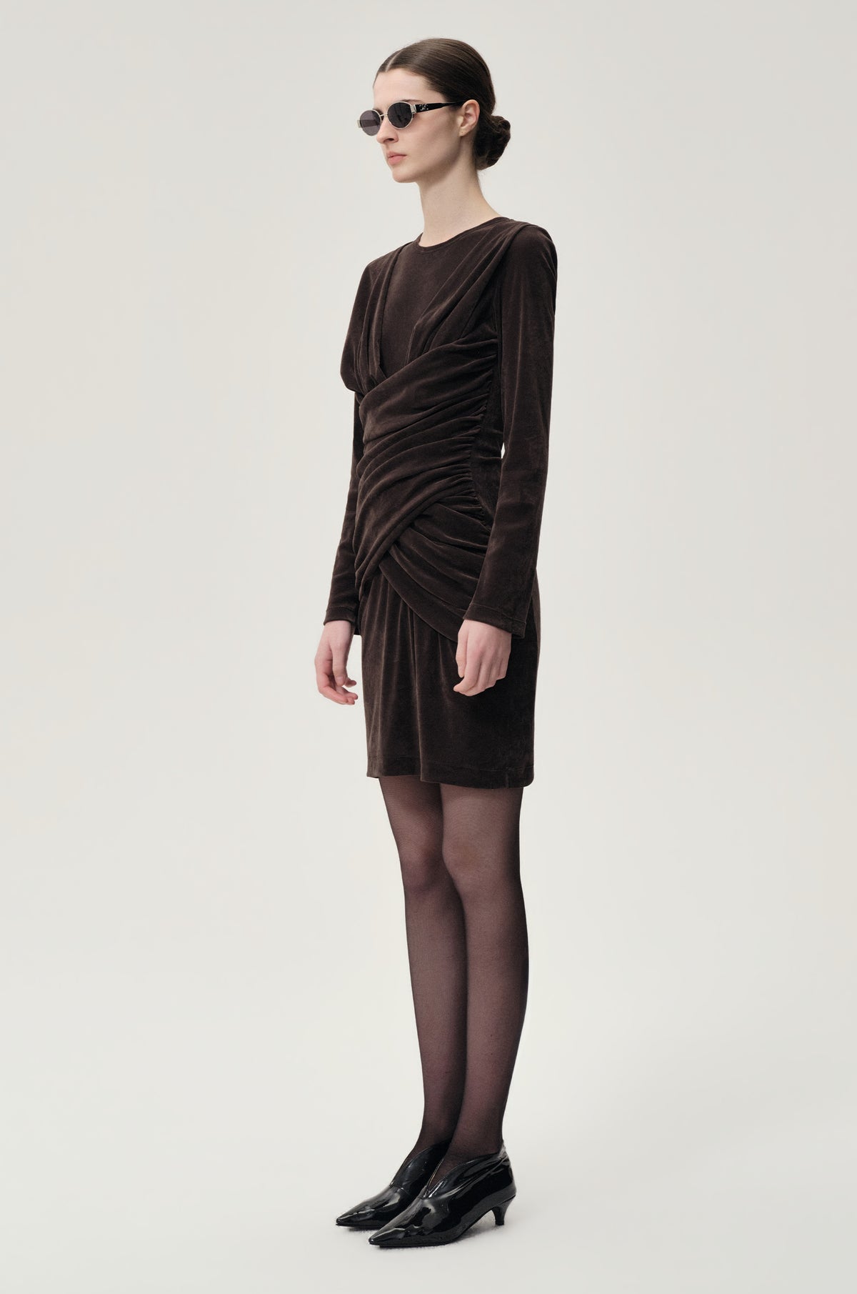 Draped Velvet Mesh  Asymmetric Dress Steel Grey