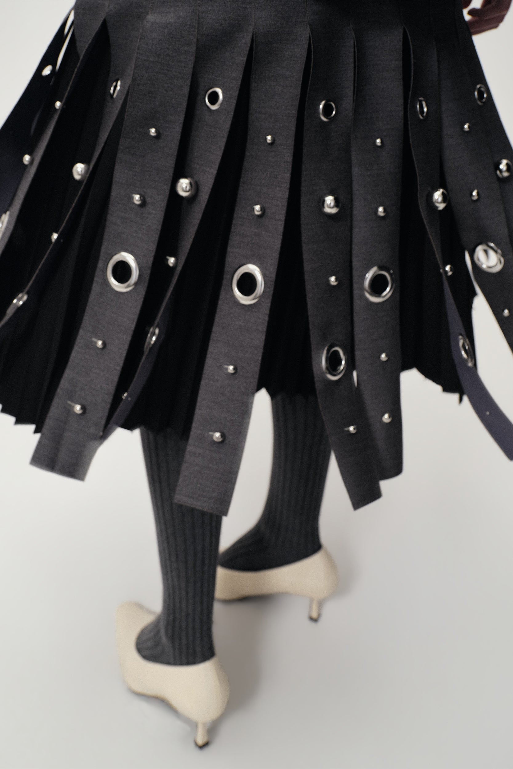 Studded Layered Pleat Skirt Grey Melange
