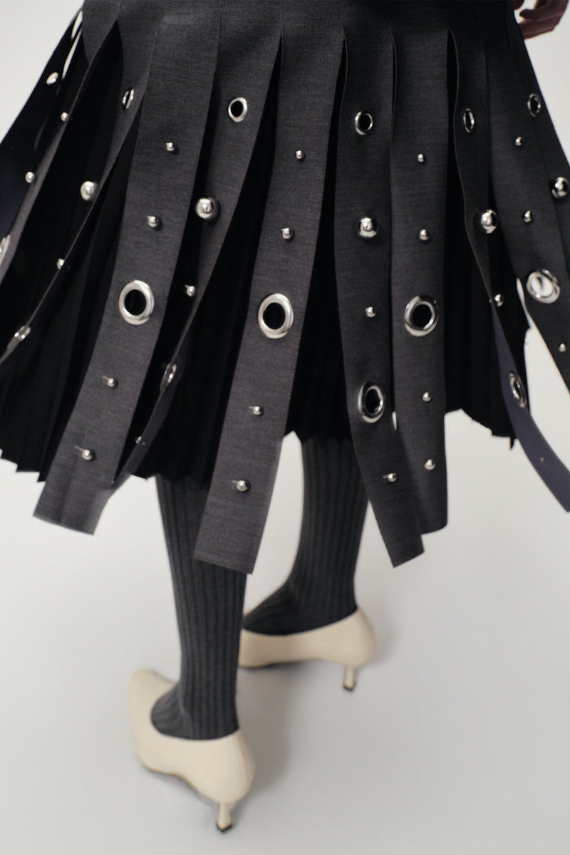Studded Layered Pleat Skirt Grey Melange