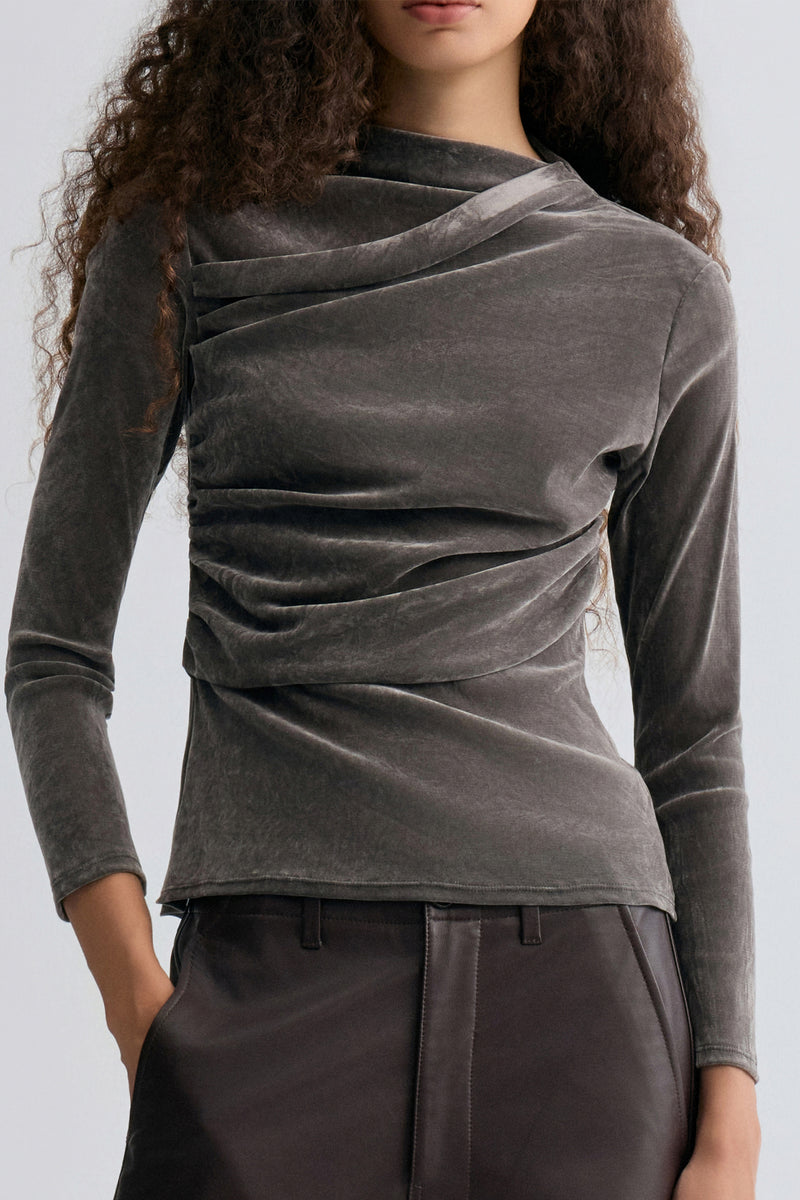 Velvet Mesh Asymmetric Draped Top Faded Grey