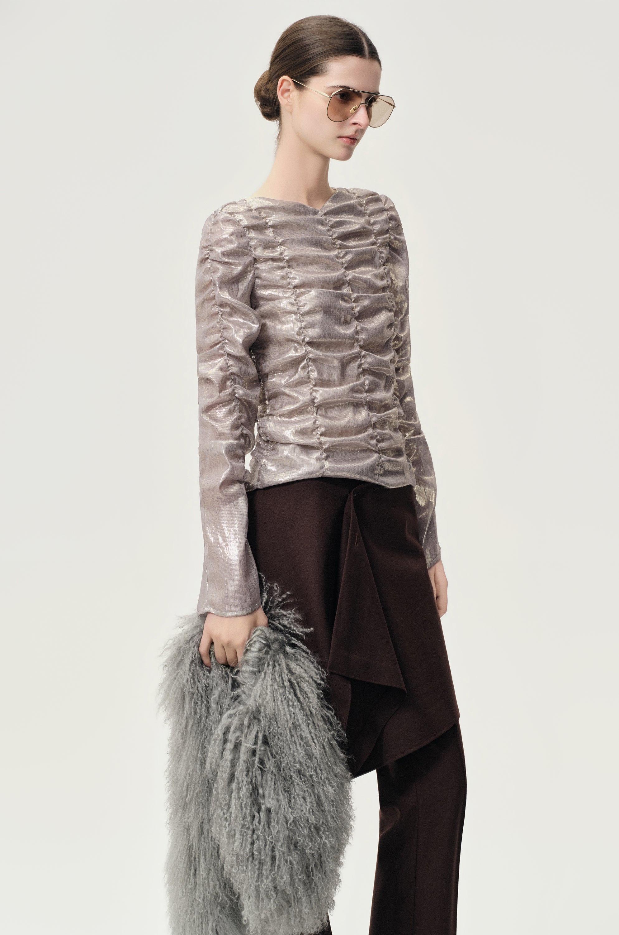 Metallic Silk Elastic Gathered Blouse Silver