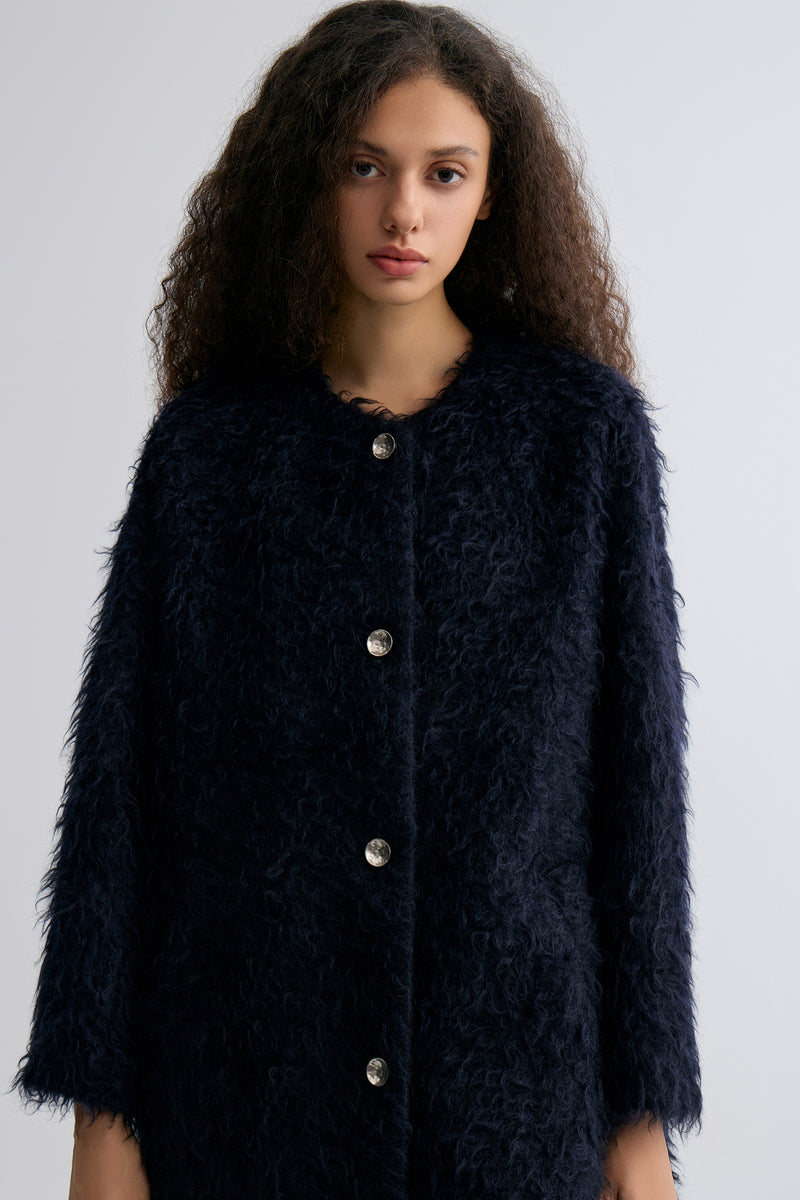 Clara Collarless Coat Dark Blue