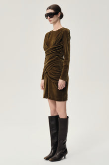 Draped Velvet Mesh  Asymmetric Dress Olive
