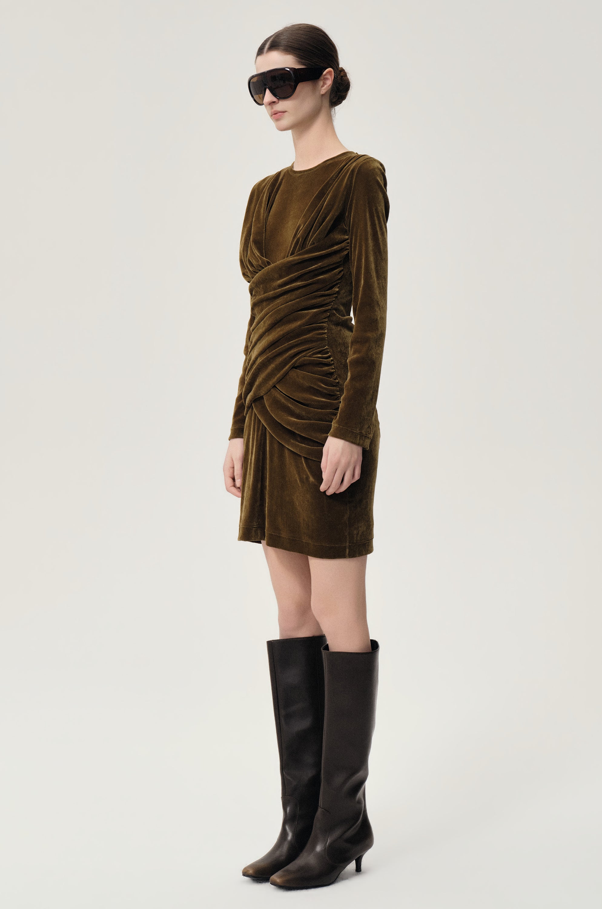 Draped Velvet Mesh  Asymmetric Dress Olive