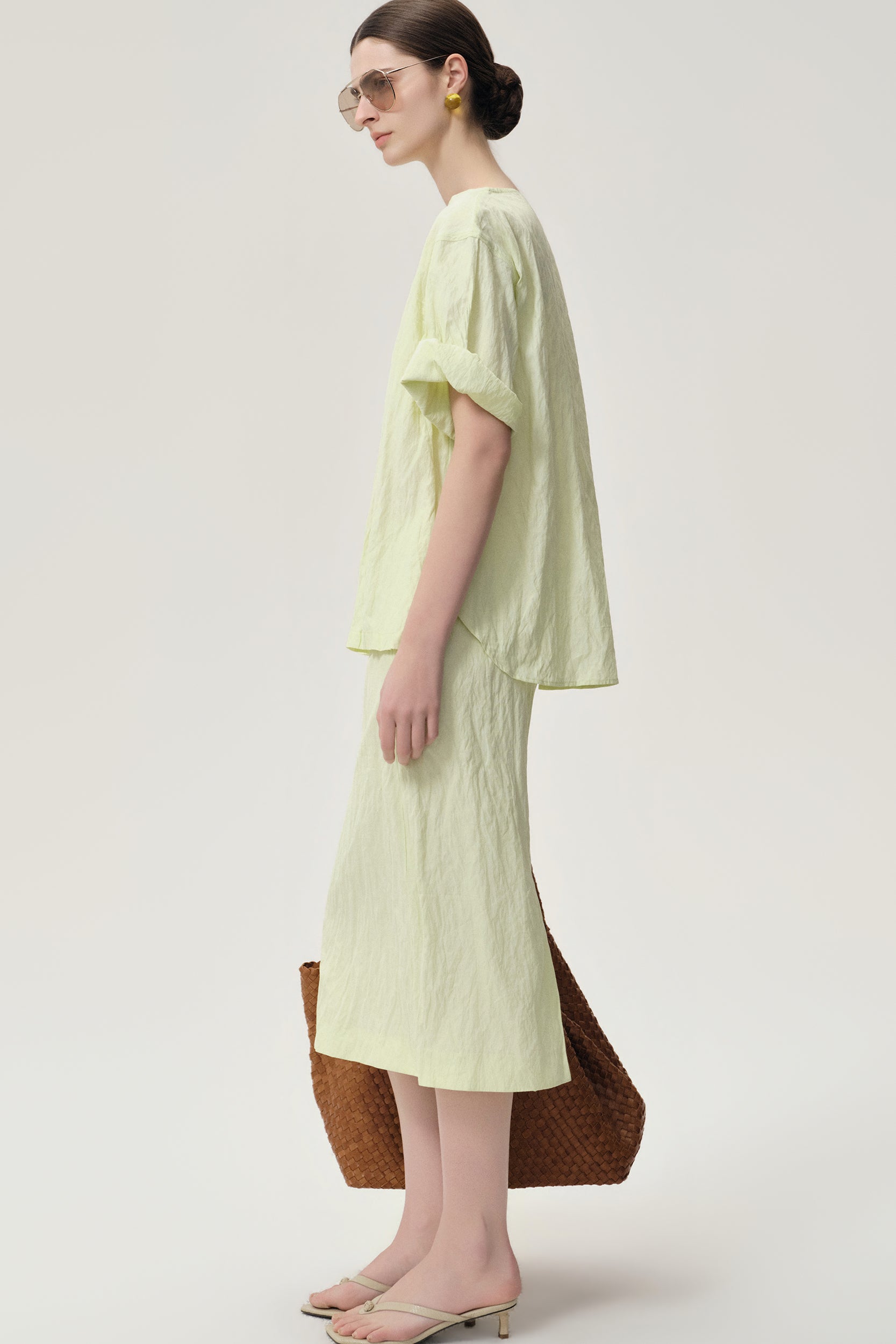 Crinkled Gauze Top Pale Lime