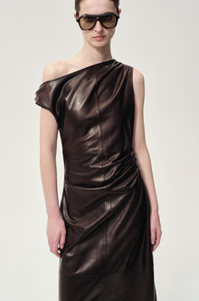 One-shoulder Draped Lambskin Dress Rum