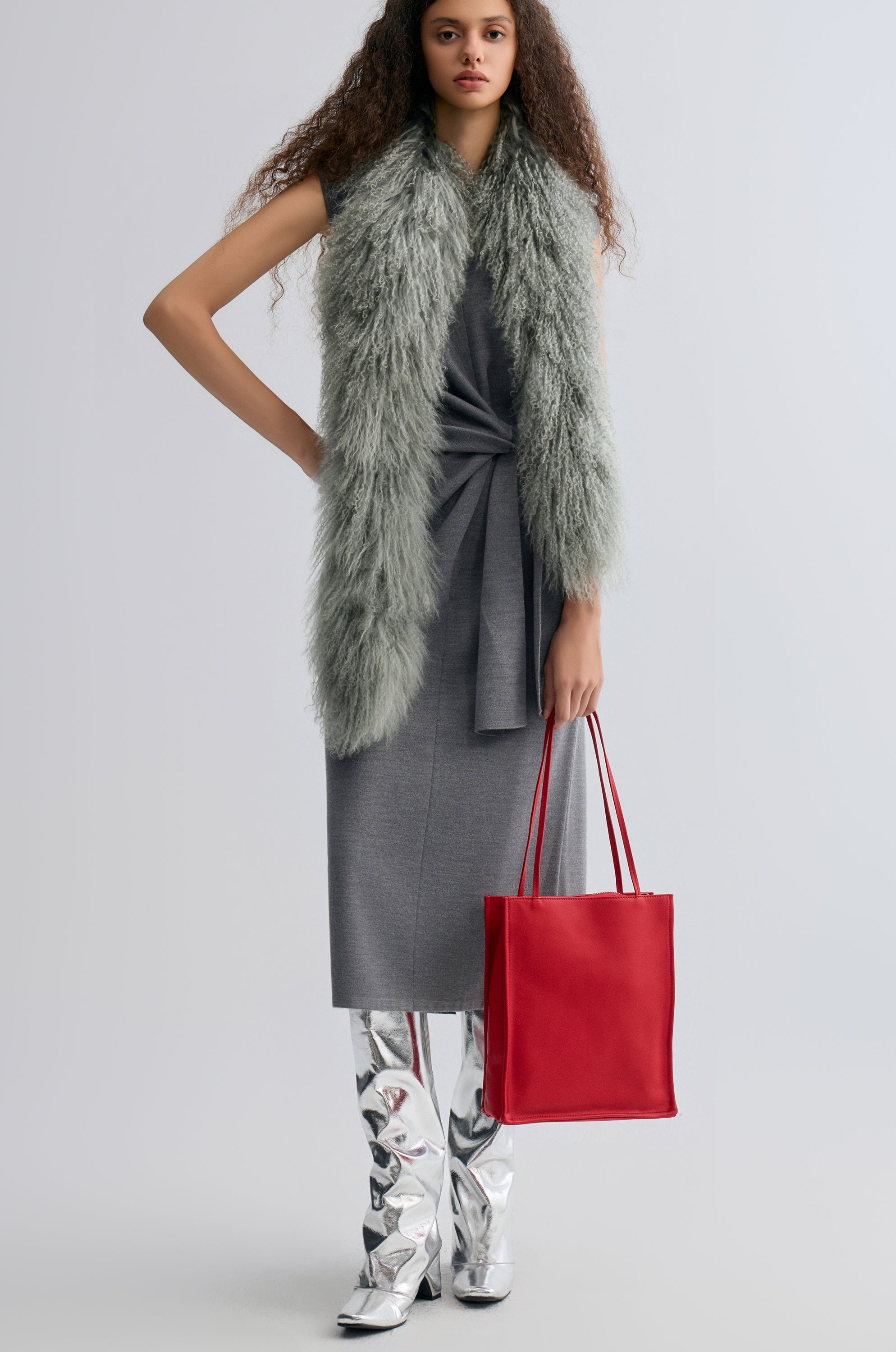 Knot-detail Knitted dress in Merino Wool  Grey melange