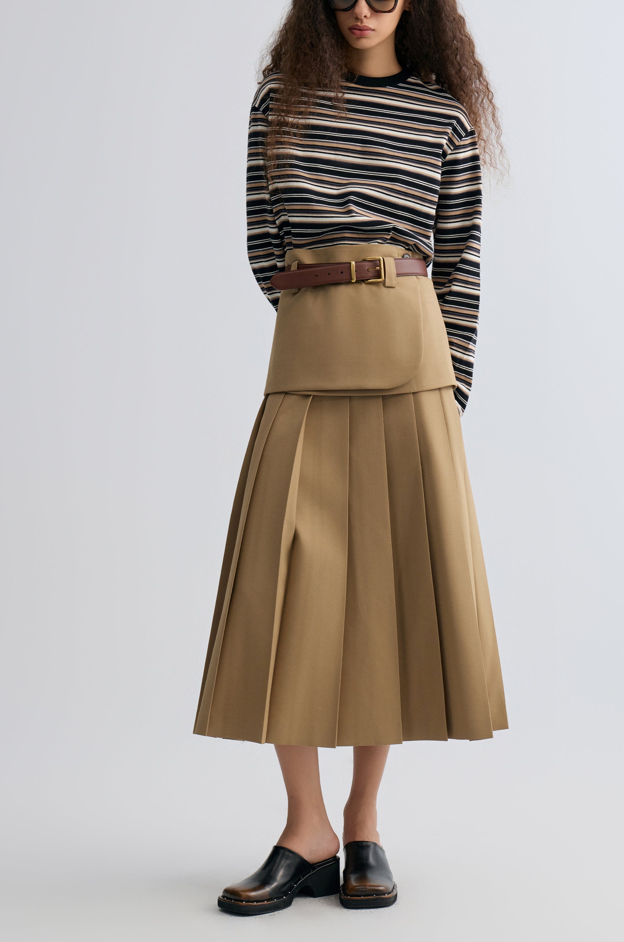 Double-layered Pleated Gabardine Skirt Camel
