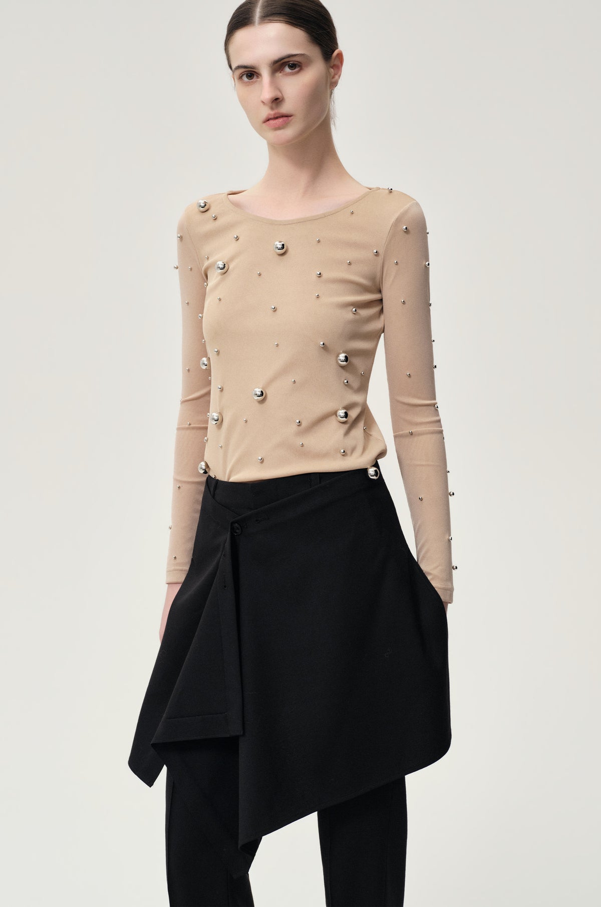 Stud-embellished Mesh Top Nude