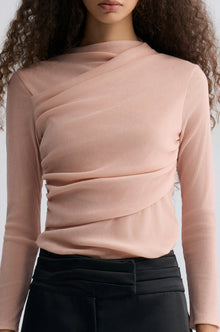 Velvet Mesh Asymmetric Draped Top Misty Rose