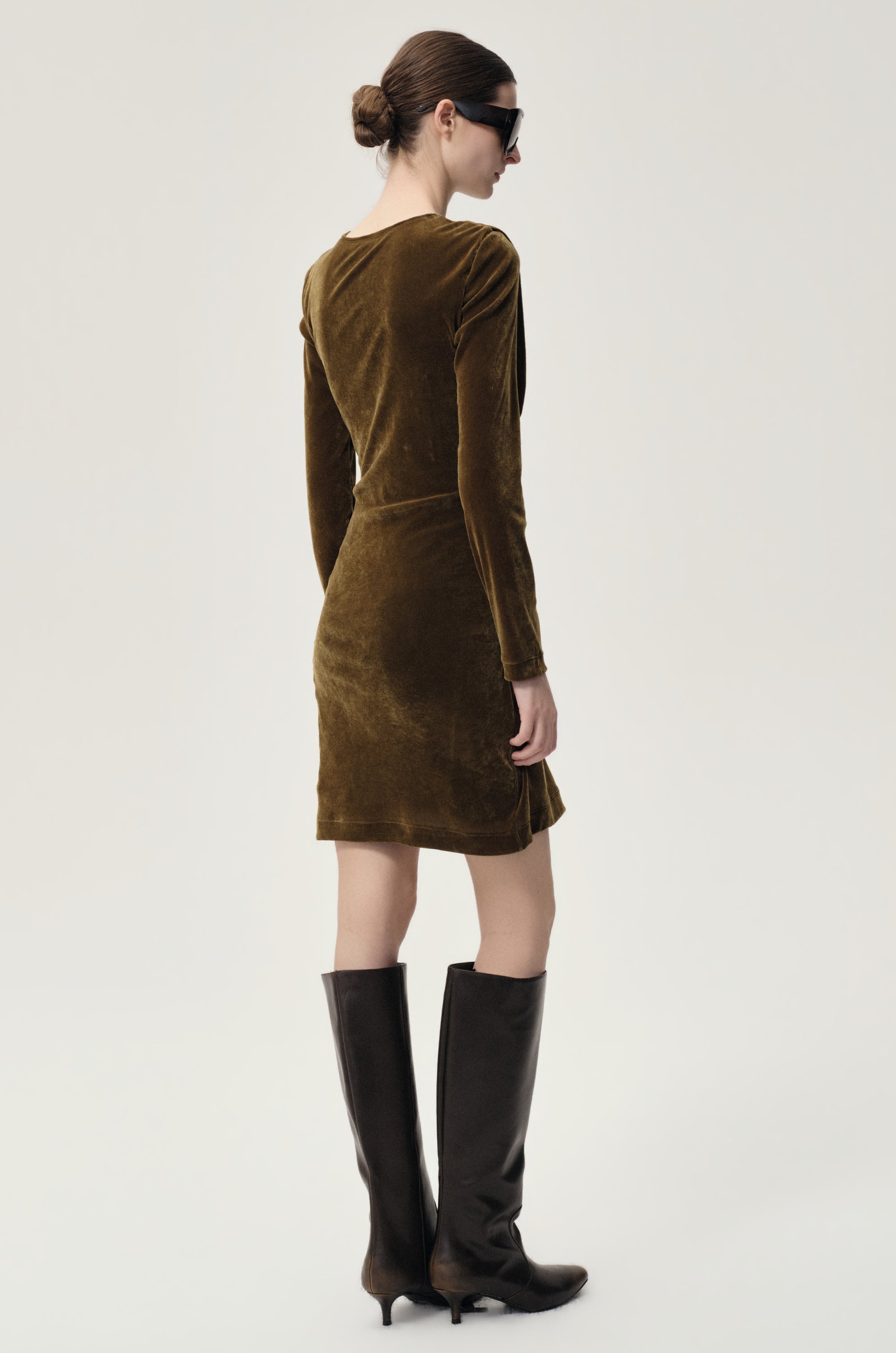 Draped Velvet Mesh  Asymmetric Dress Olive