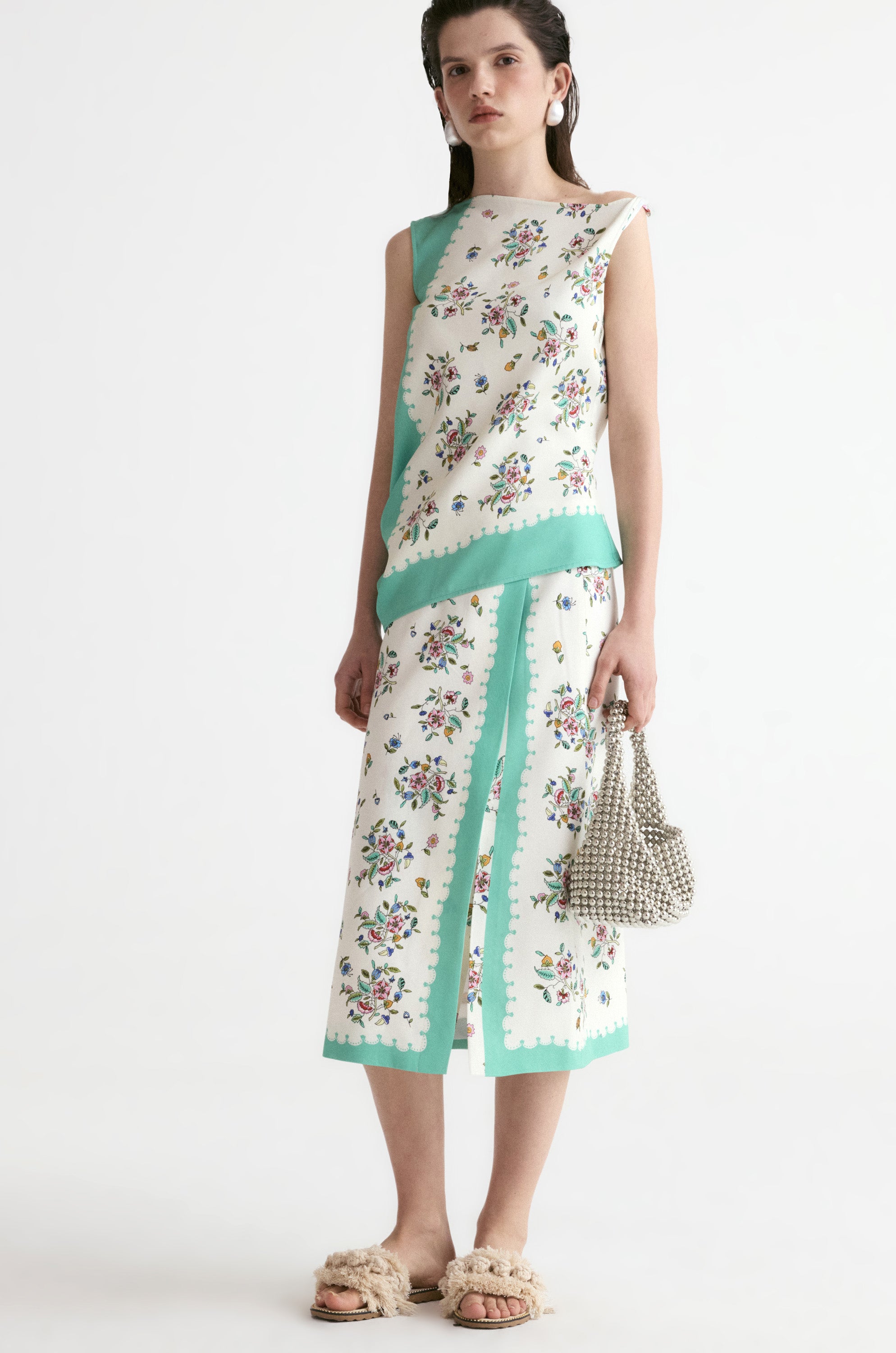 Scarf-print Front Slit Midi Skirt