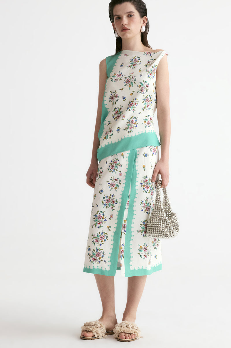Scarf-print Front Slit Midi Skirt