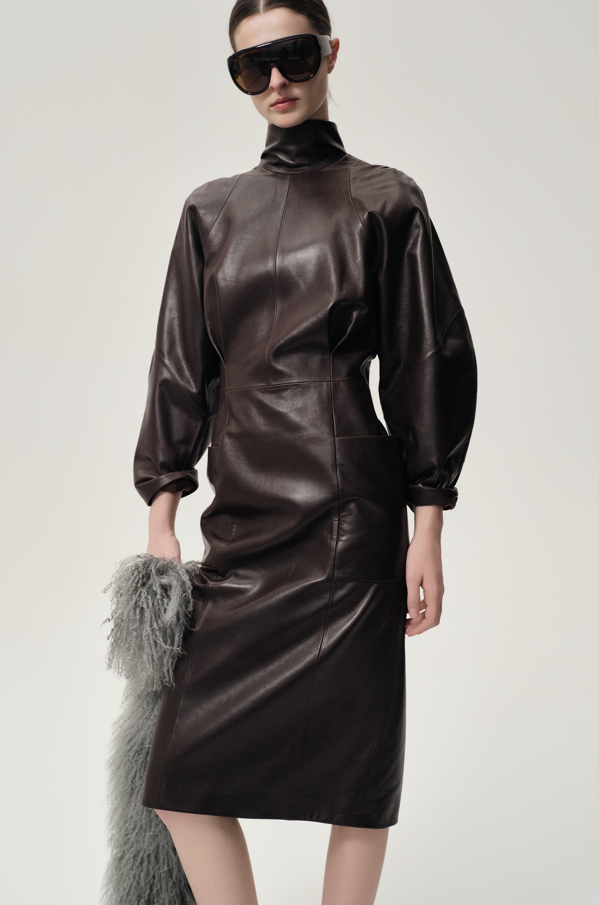 Sculptural Leather Dress Dark Brown