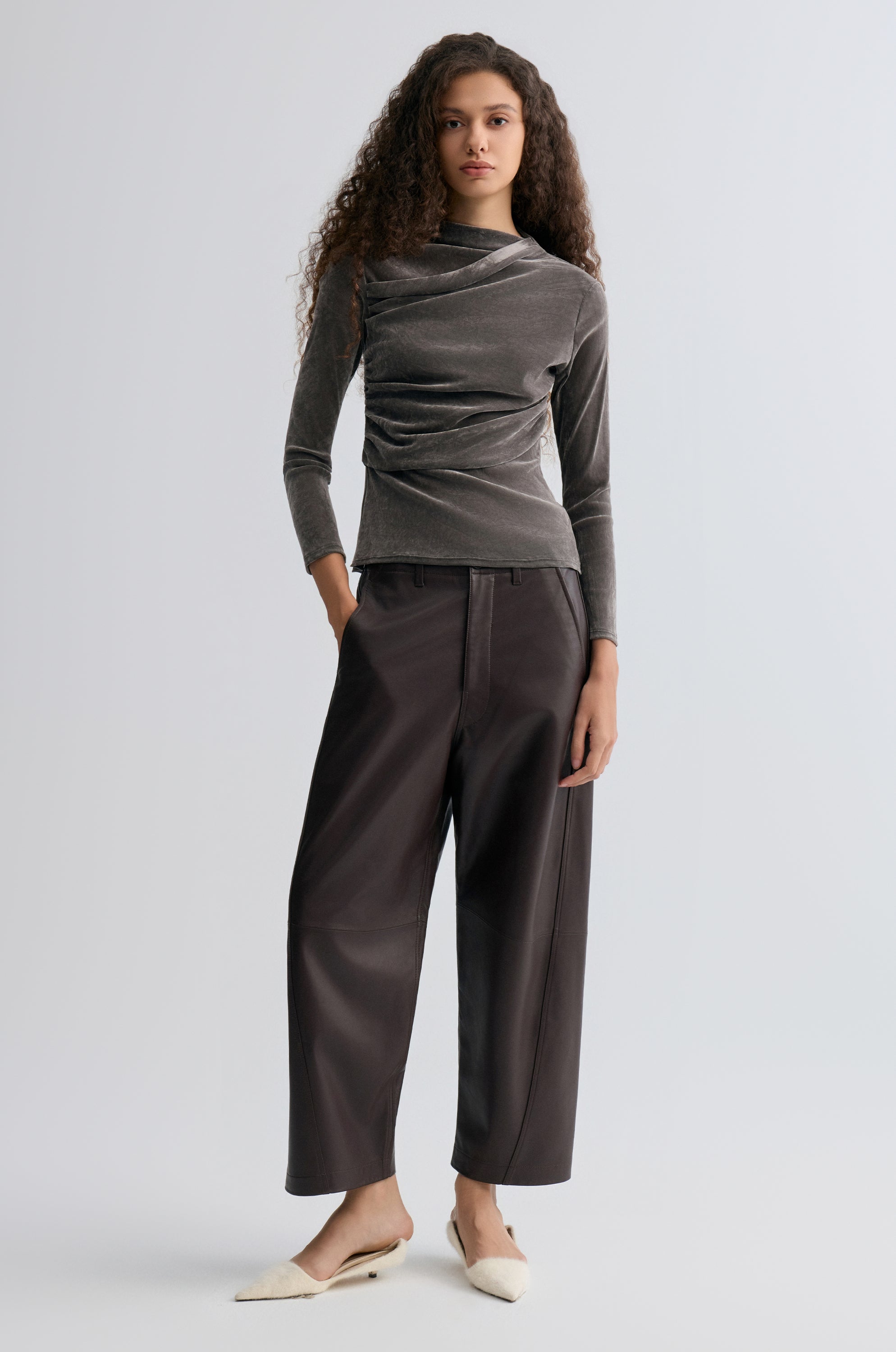 Velvet Mesh Asymmetric Draped Top Faded Grey