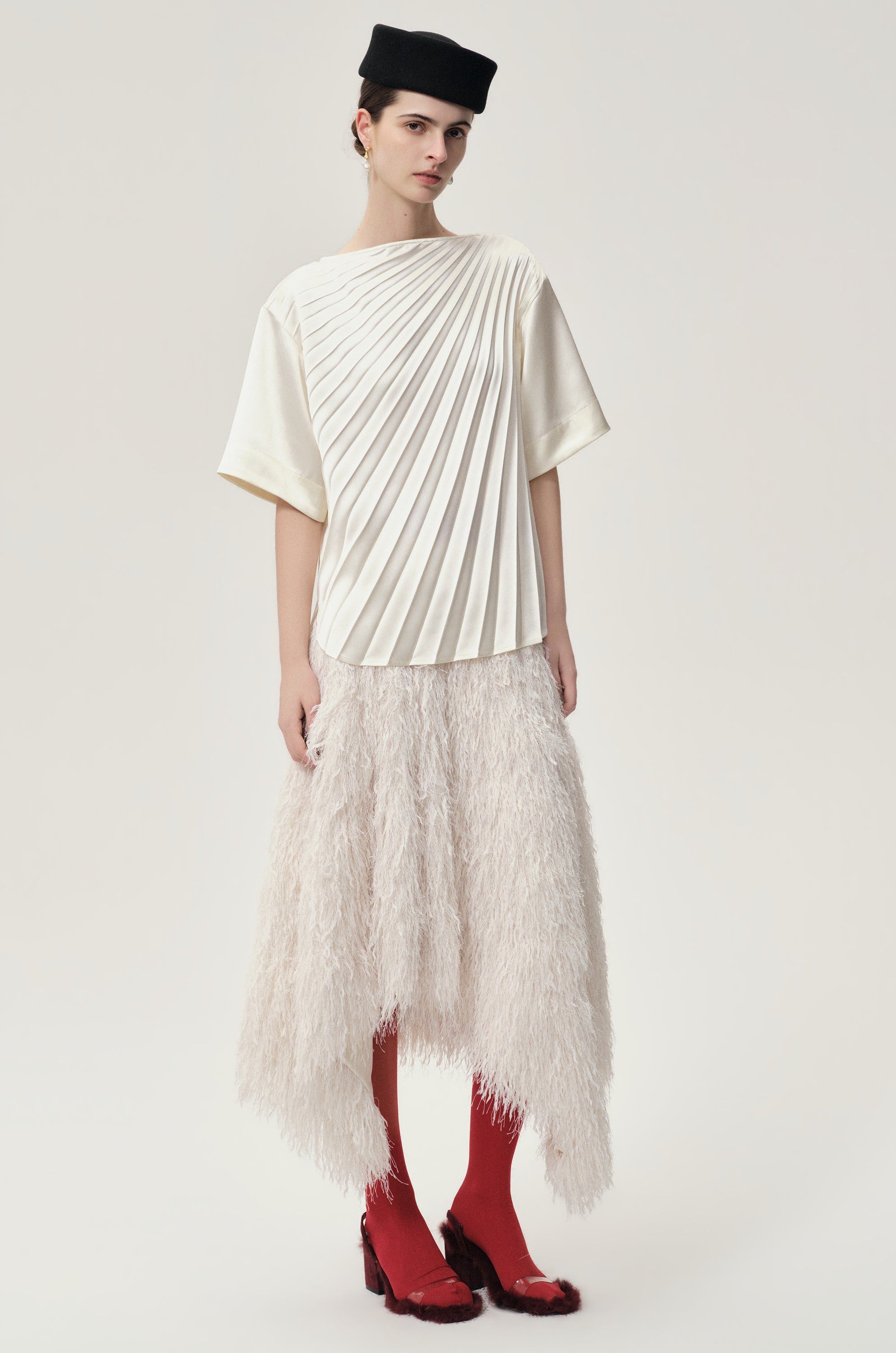 Asymmetrical Pleated Blouse Ecru