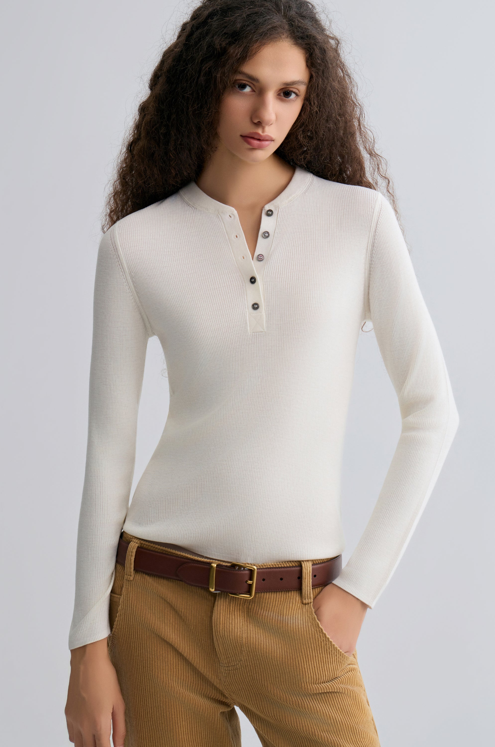 Superfine Merino Wool Knit Henley Off- white