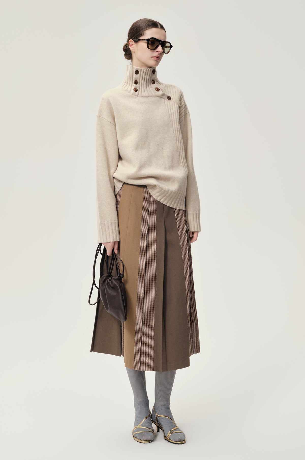 Pleated Color-block Skirt Camel