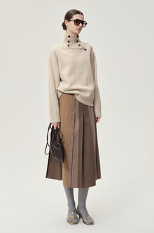 Pleated Color-block Skirt Camel