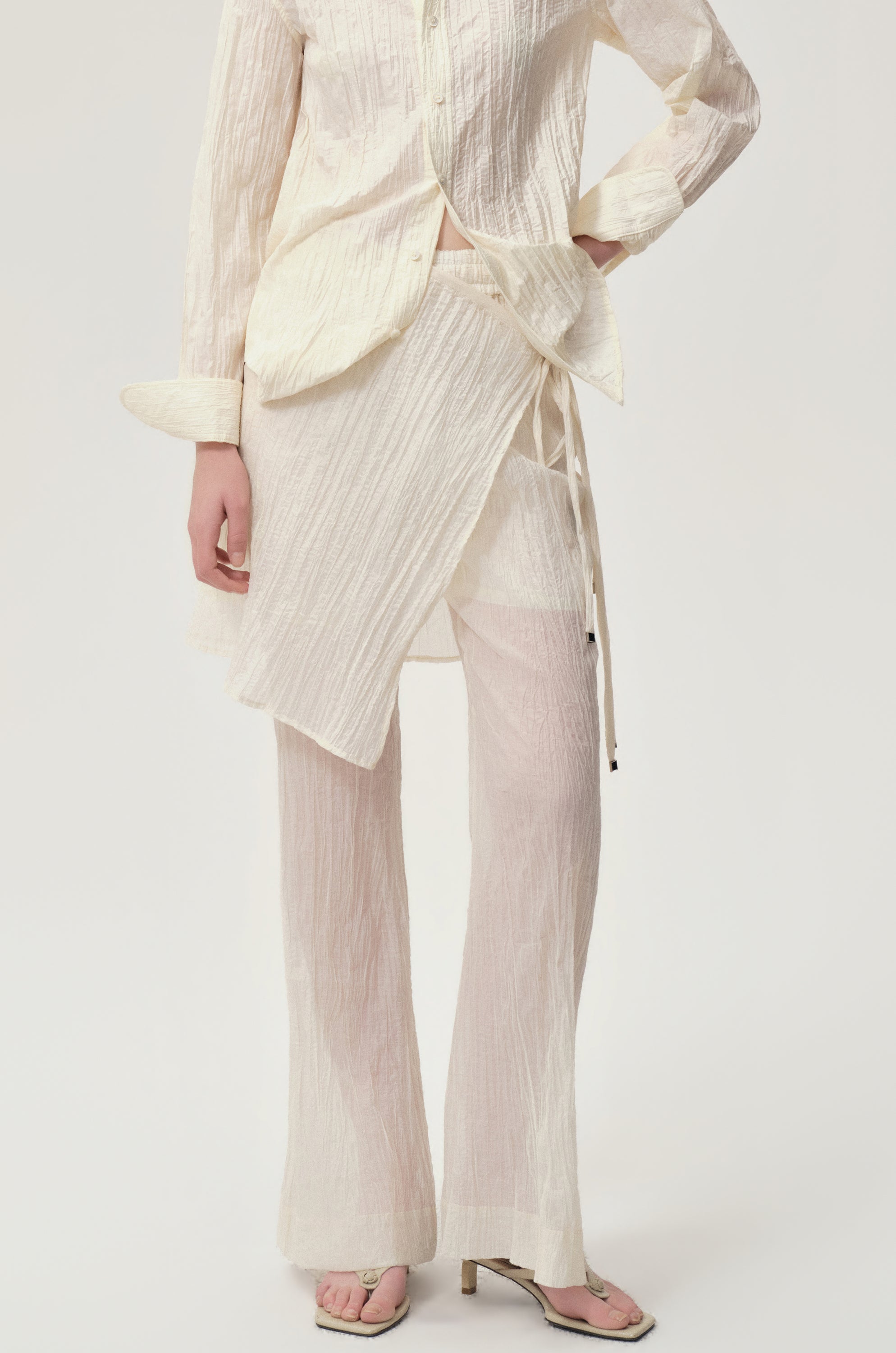 Crinkled Gauze Layered Skirt Trousers Ecru