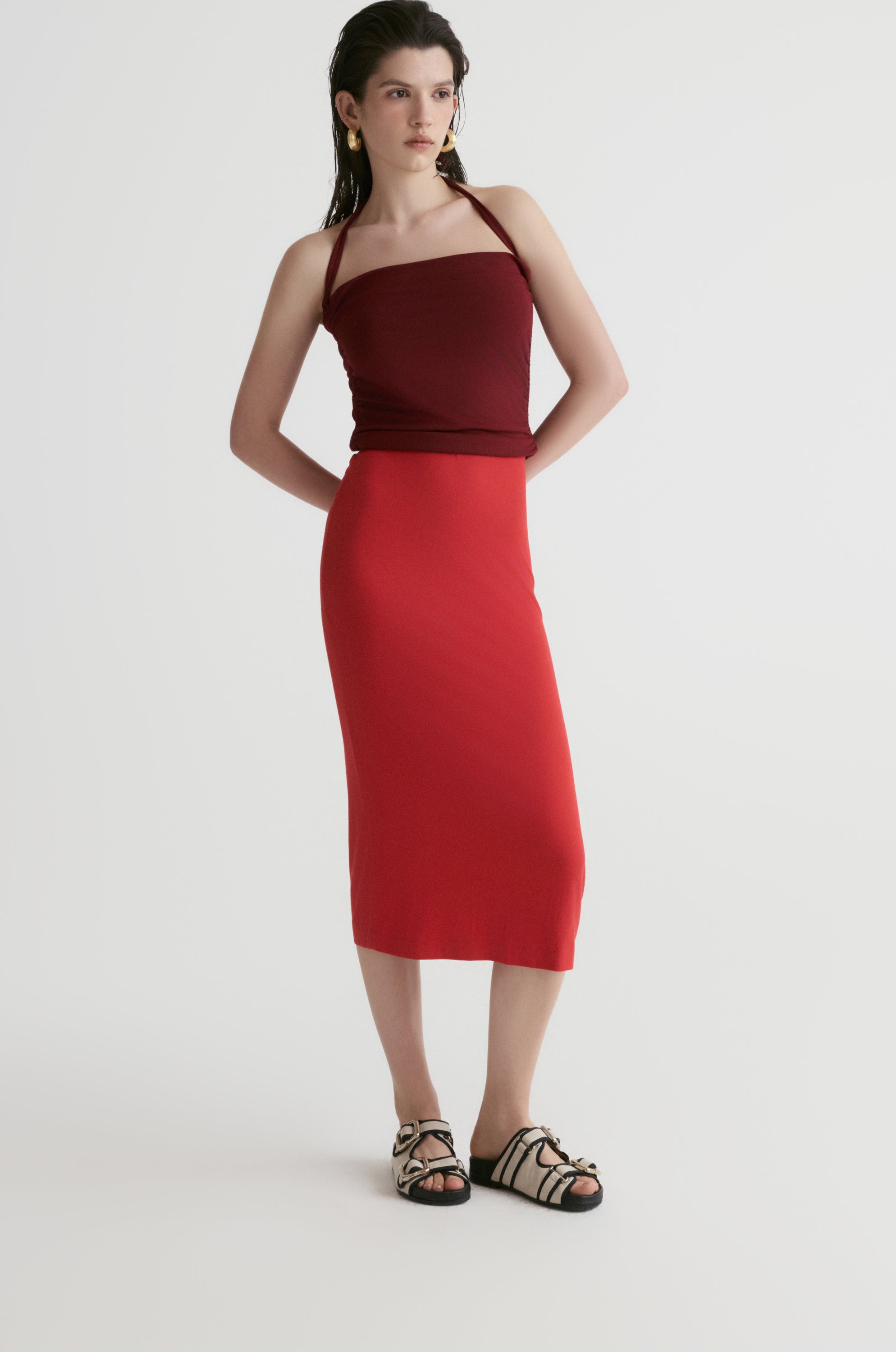 Rib Two-tone Skirt-Red