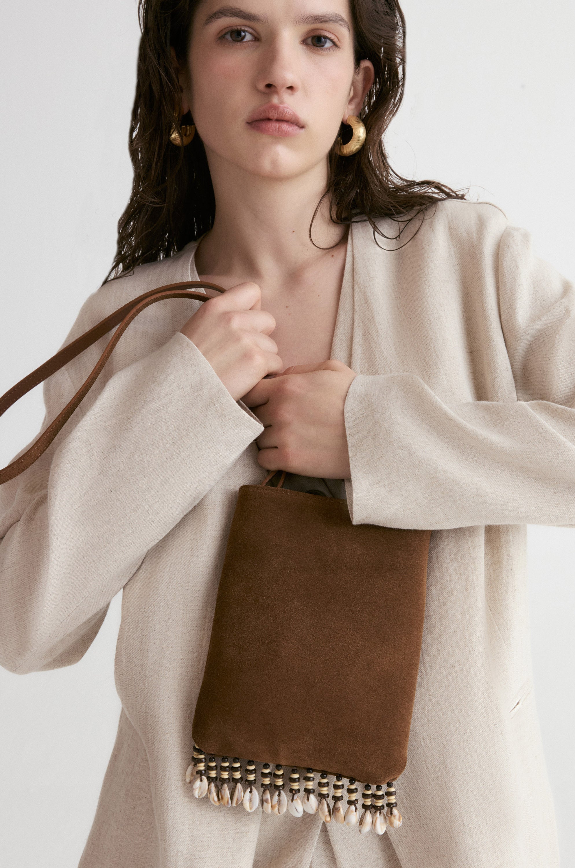Majorelle Shell Suede Mini Bag-Camel Brown