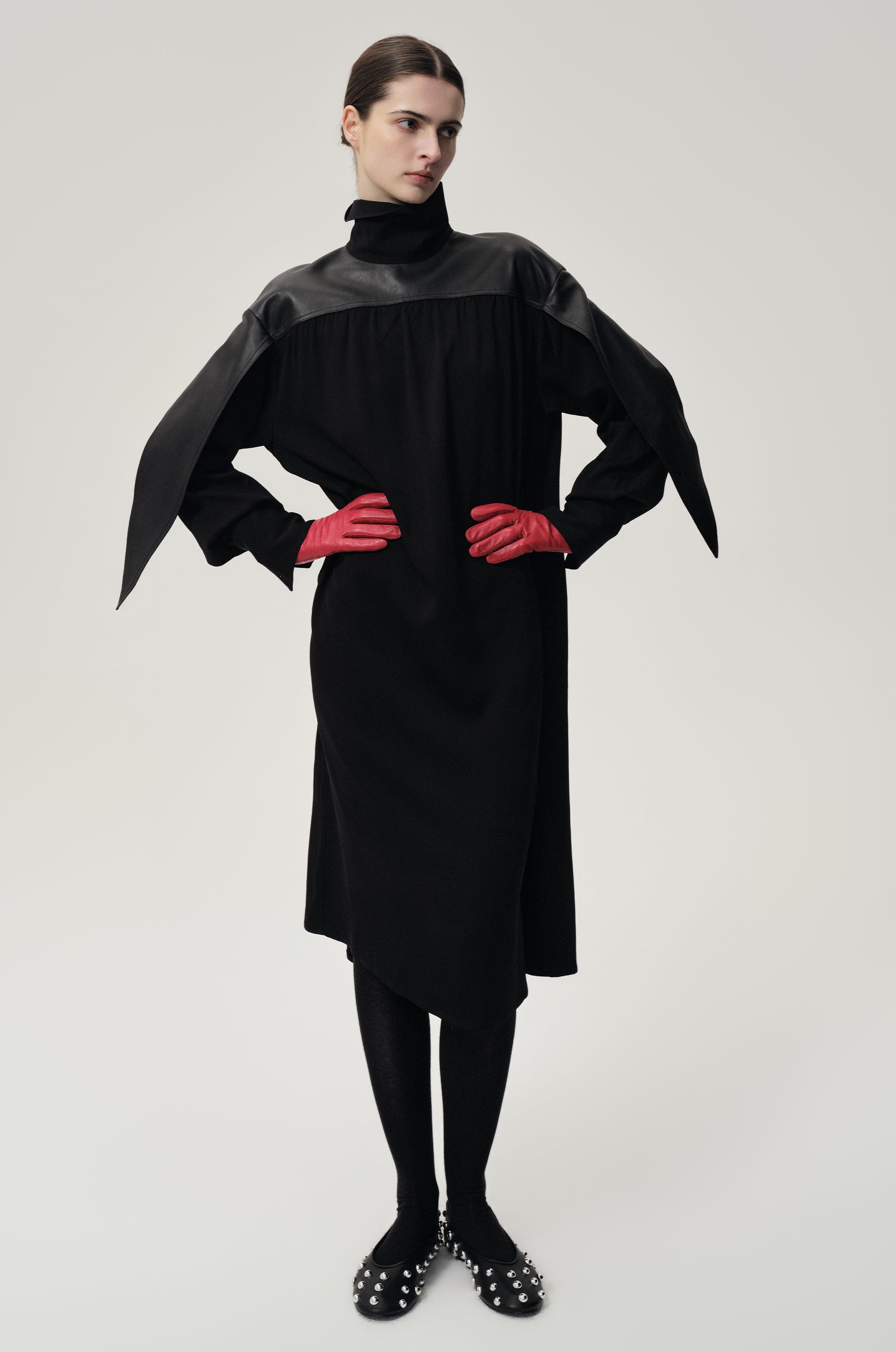 Leather Gathered Dress Black