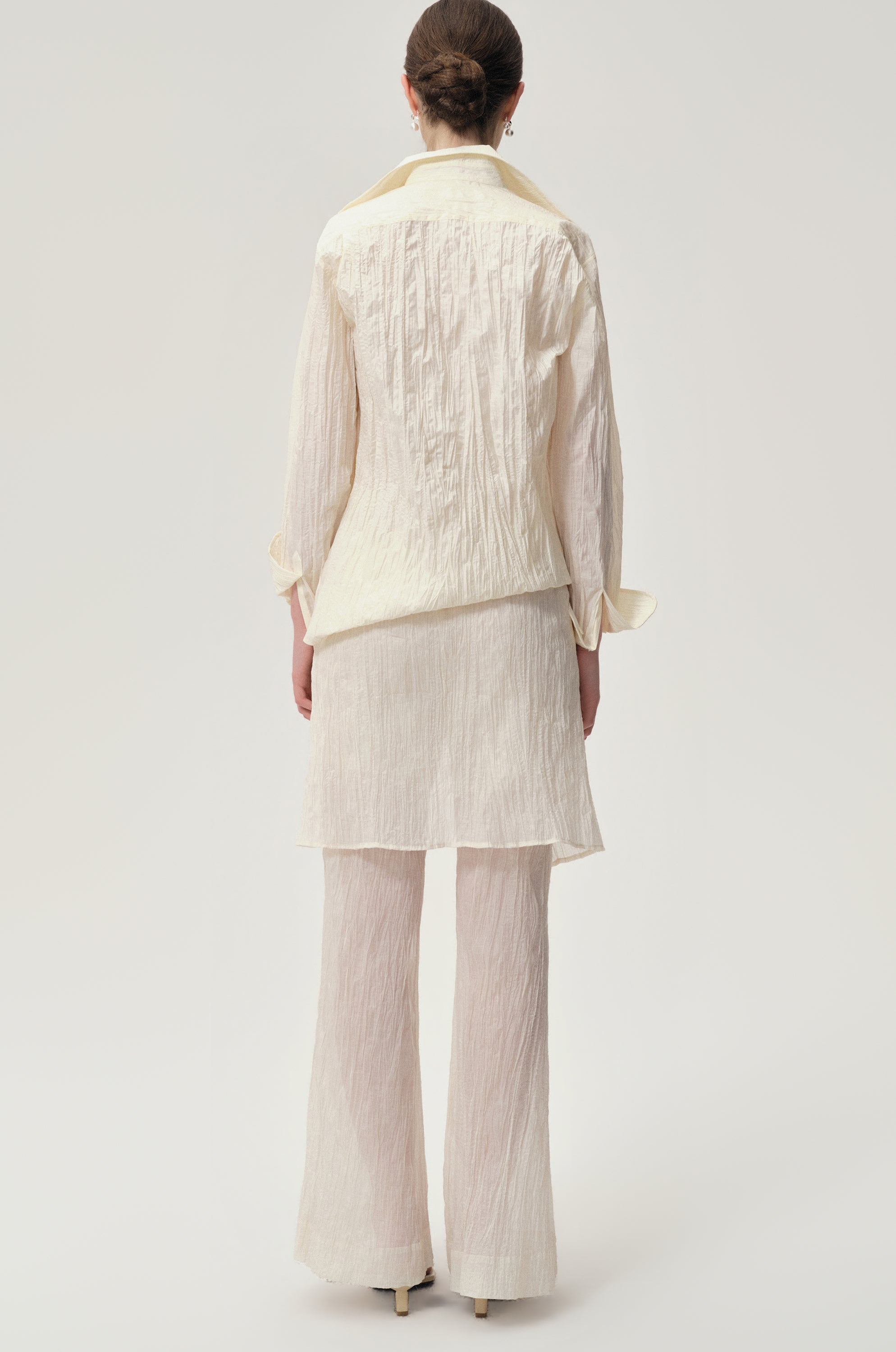 Crinkled Gauze Layered Skirt Trousers Ecru