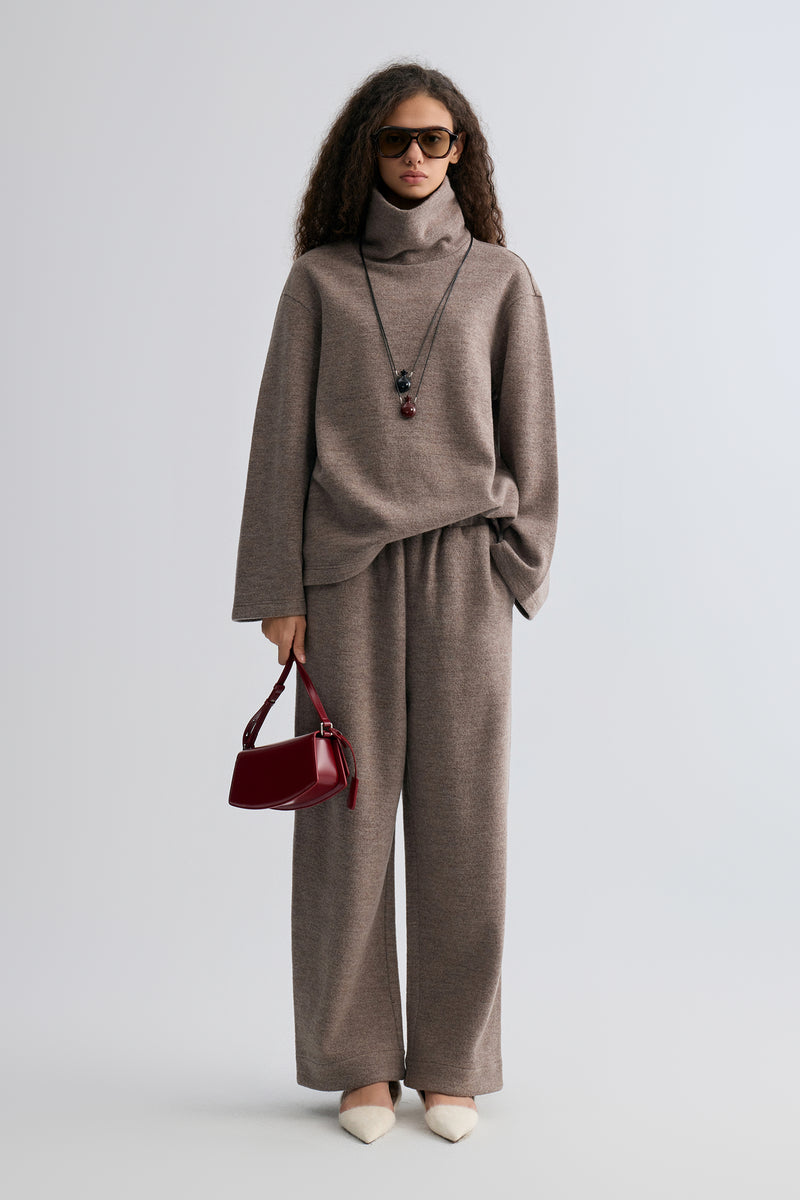 Boxy High Neck Wool Sweater Taupe Melange
