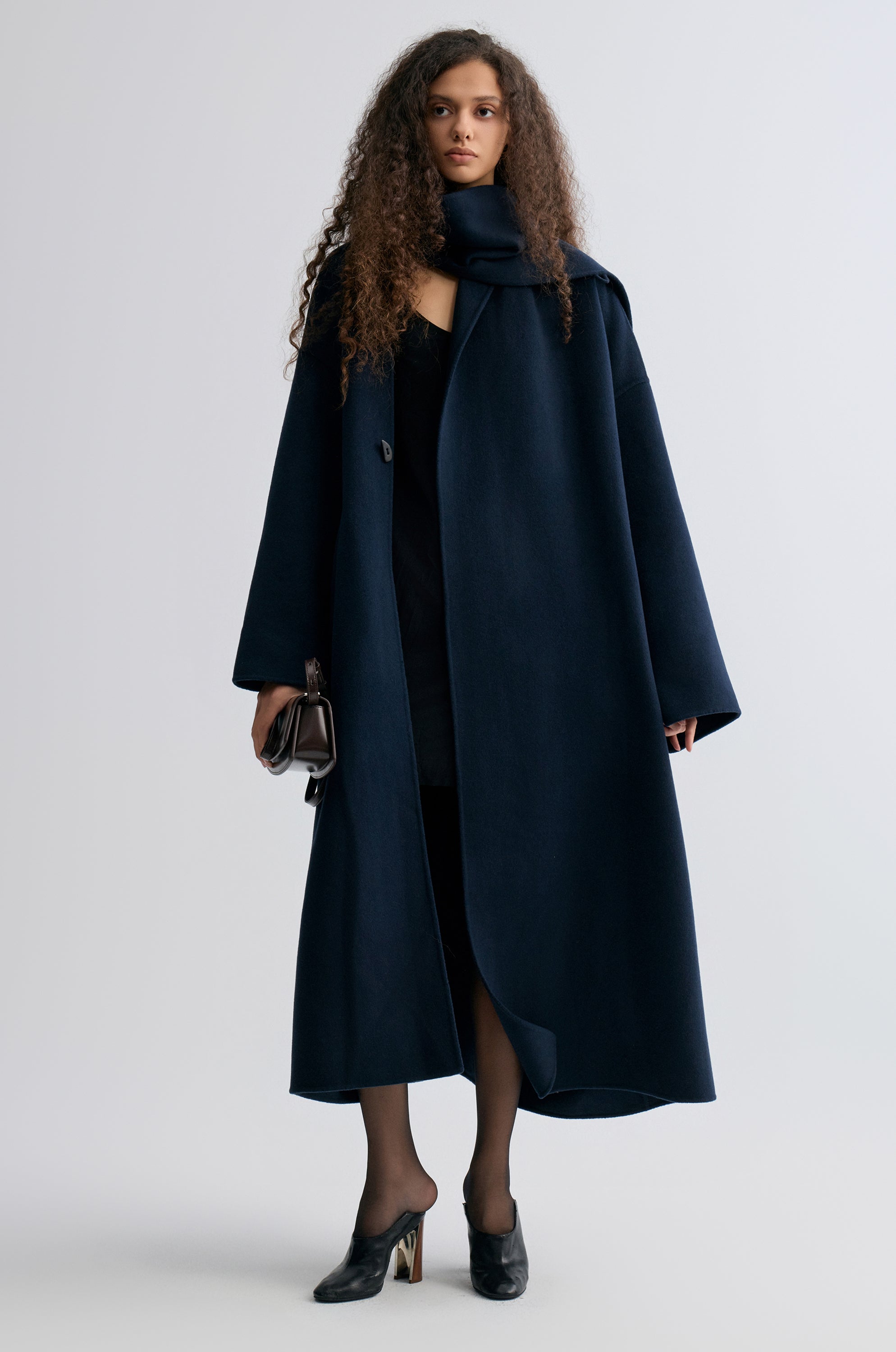 Oversized Double-faced Scarf Coat Navy
