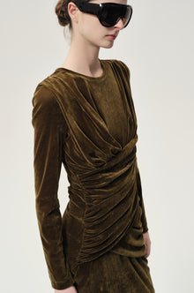 Draped Velvet Mesh  Asymmetric Dress Olive