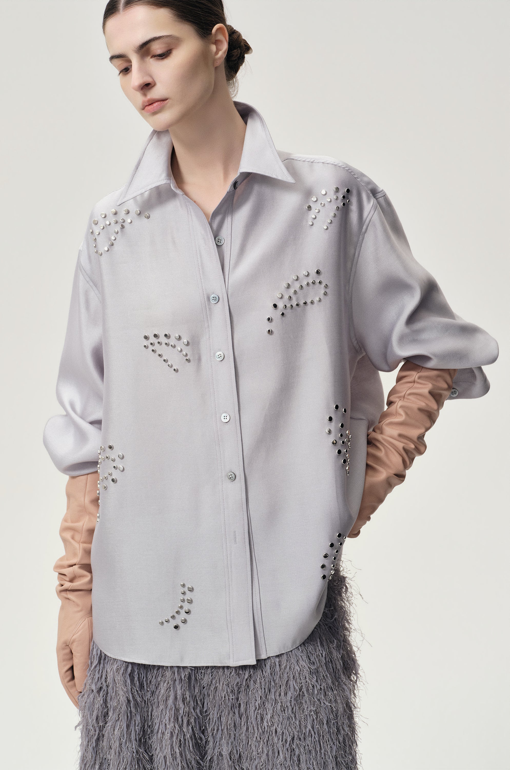 Stud-embellished Shirt Pale Grey