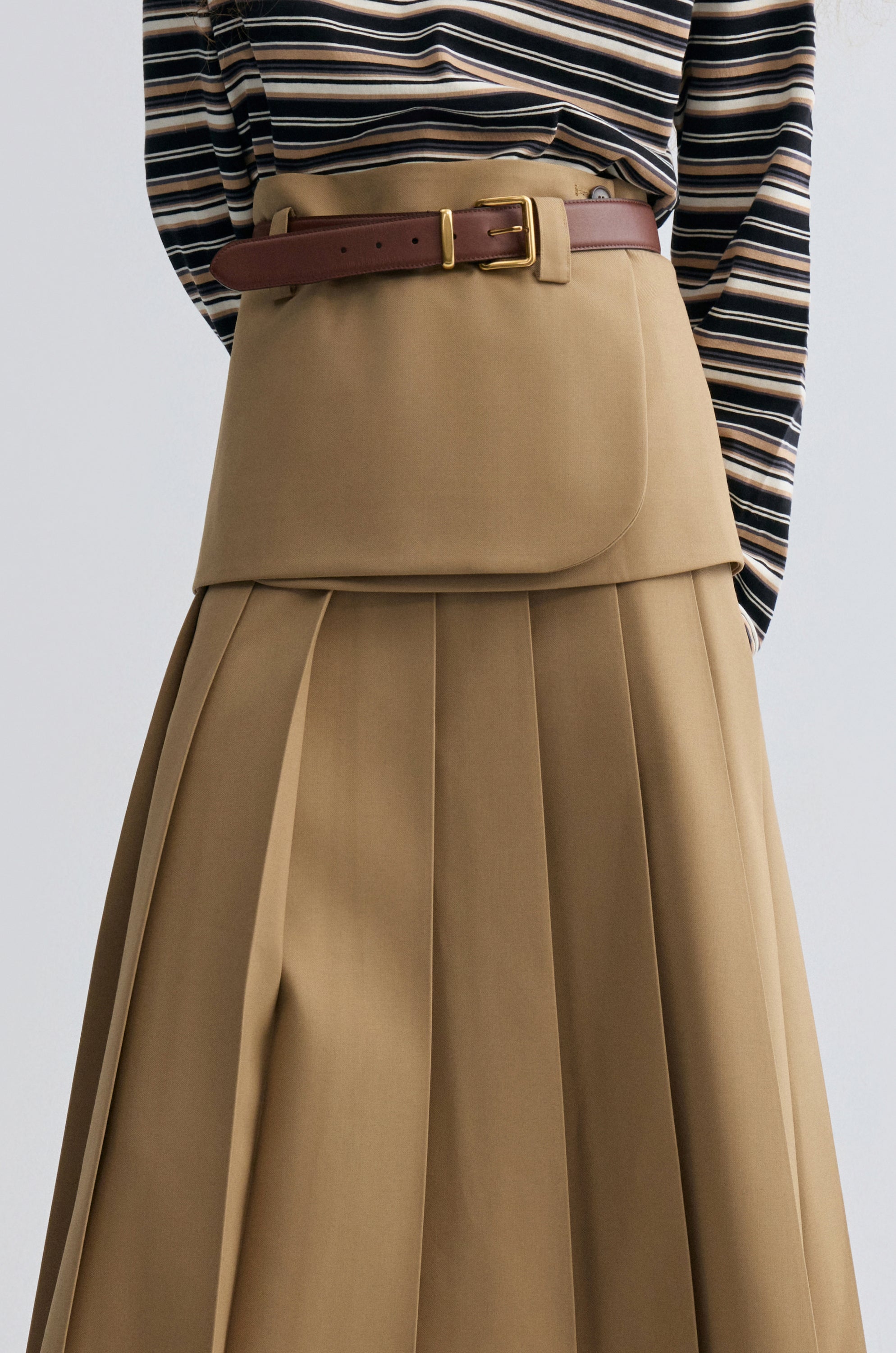 Double-layered Pleated Gabardine Skirt Camel