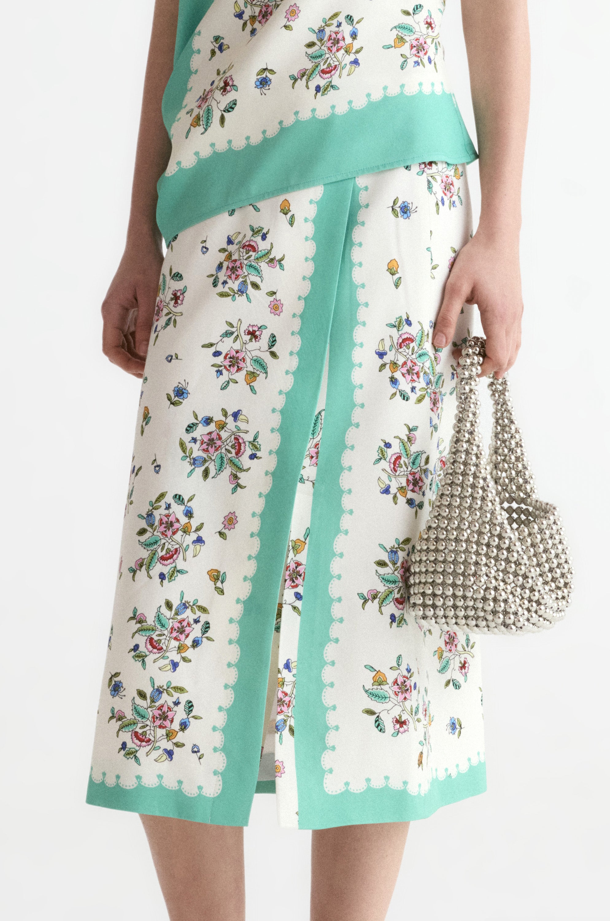 Scarf-print Front Slit Midi Skirt