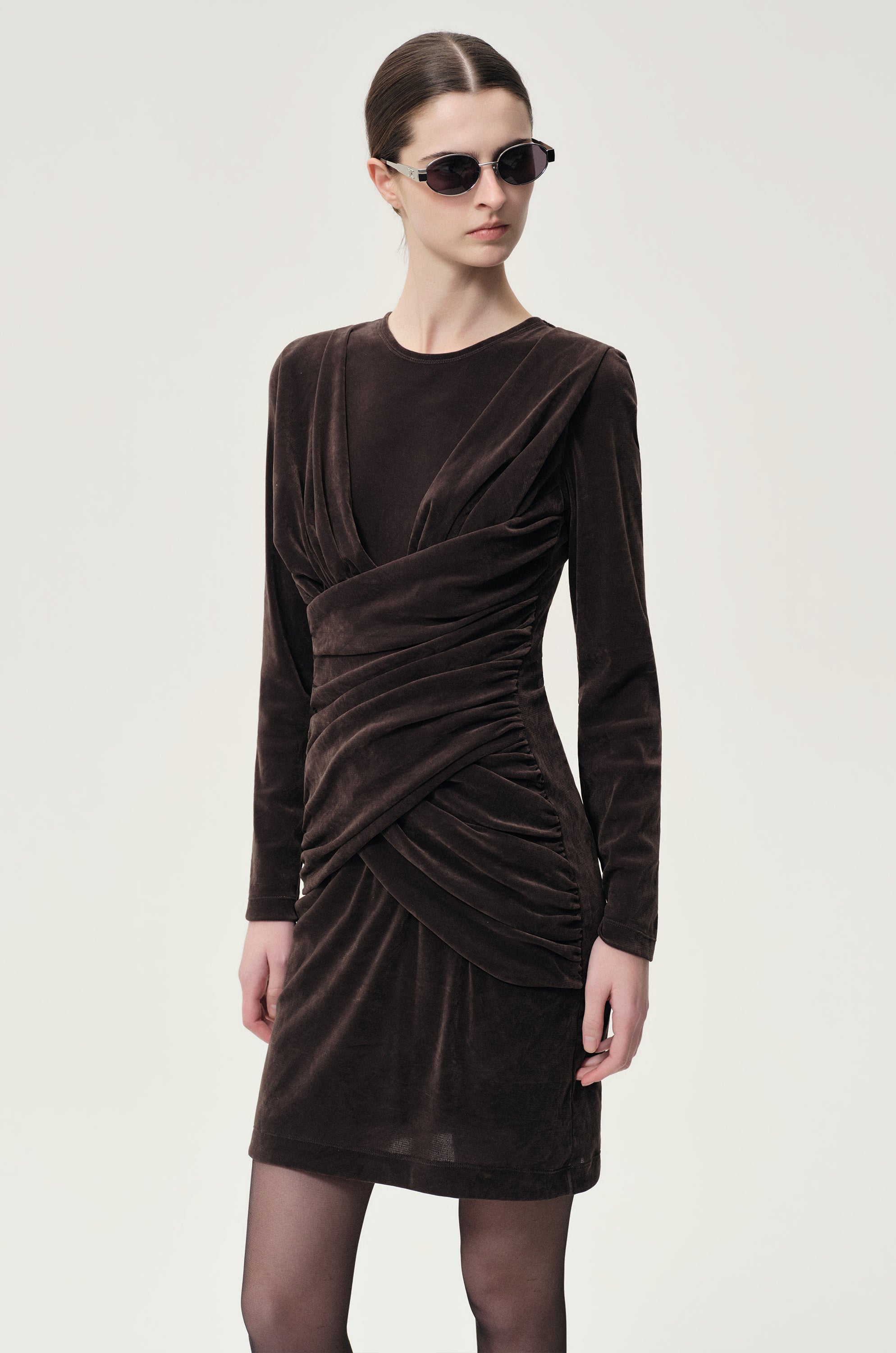 Draped Velvet Mesh  Asymmetric Dress Steel Grey