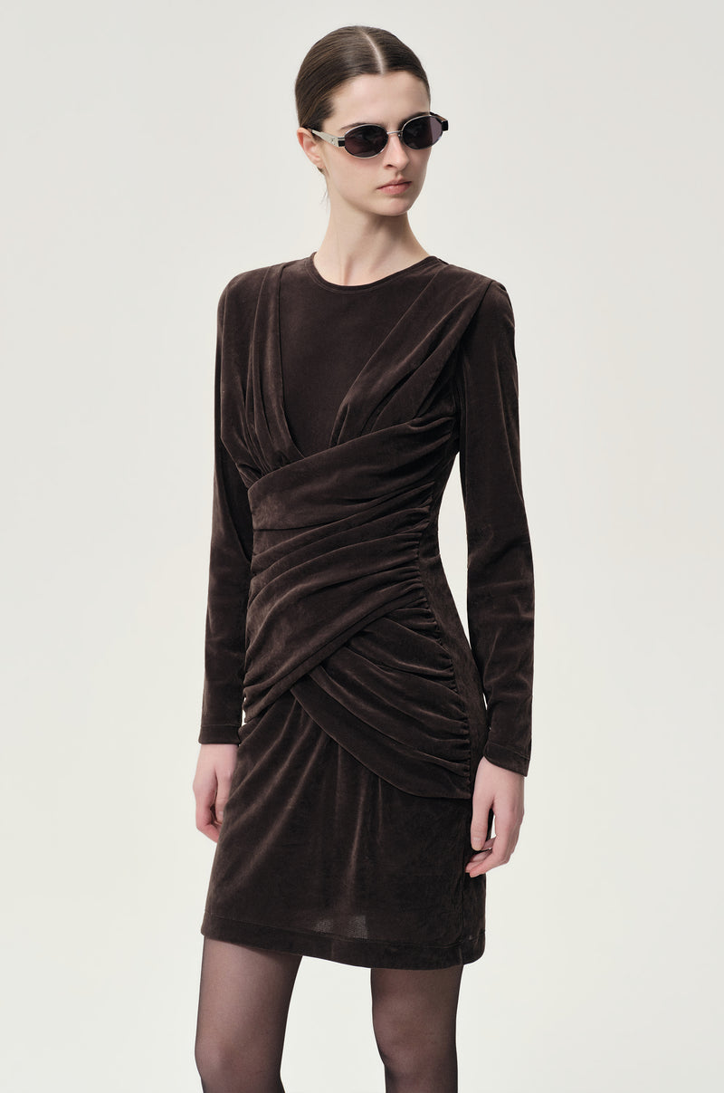 Draped Velvet Mesh  Asymmetric Dress Steel Grey