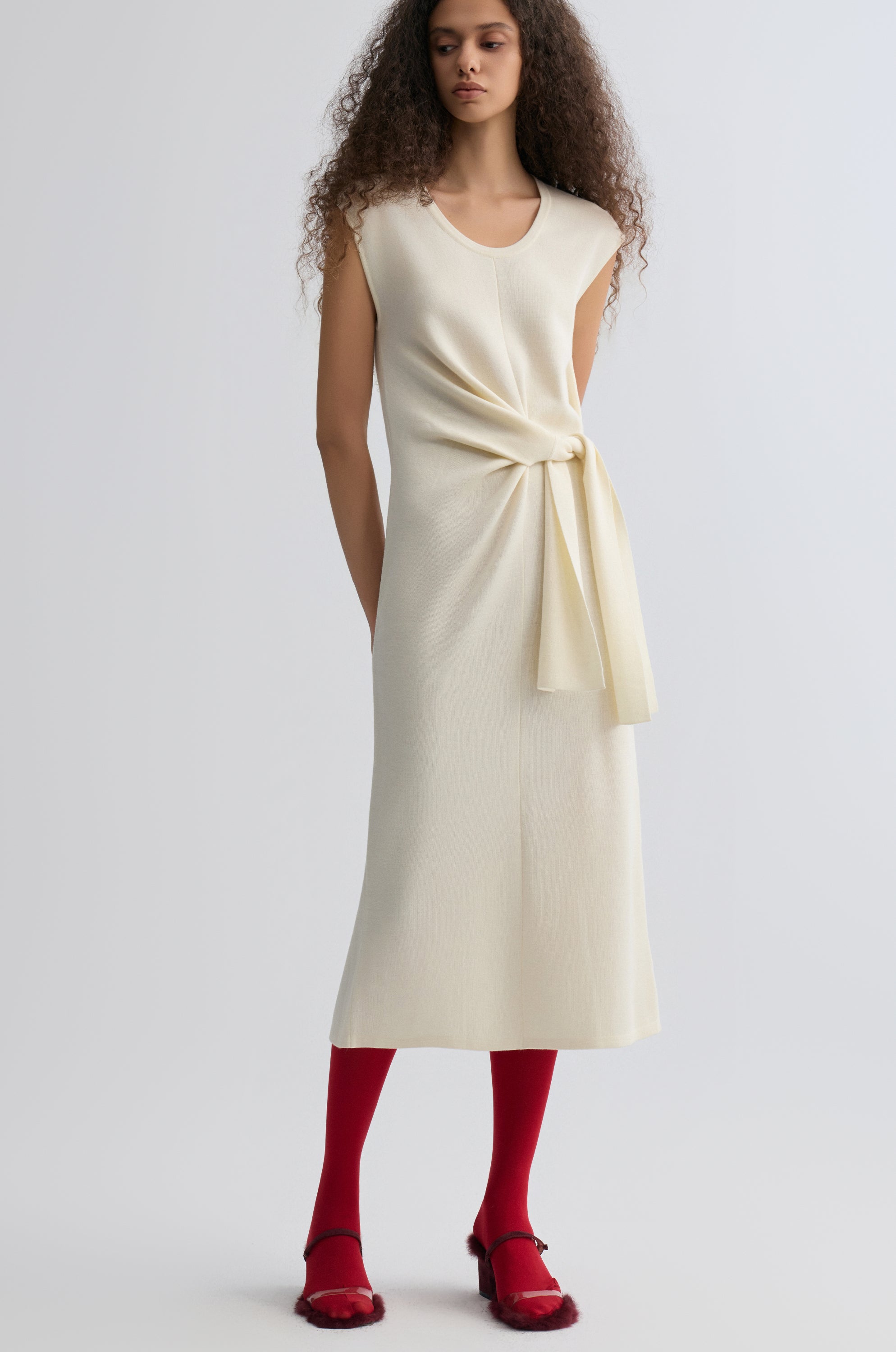 Knot-detail Knitted dress in Merino Wool Cream