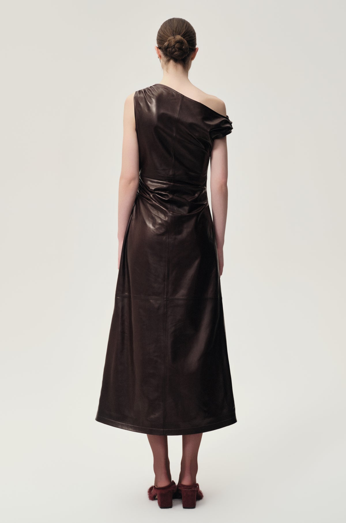 One-shoulder Draped Lambskin Dress Rum