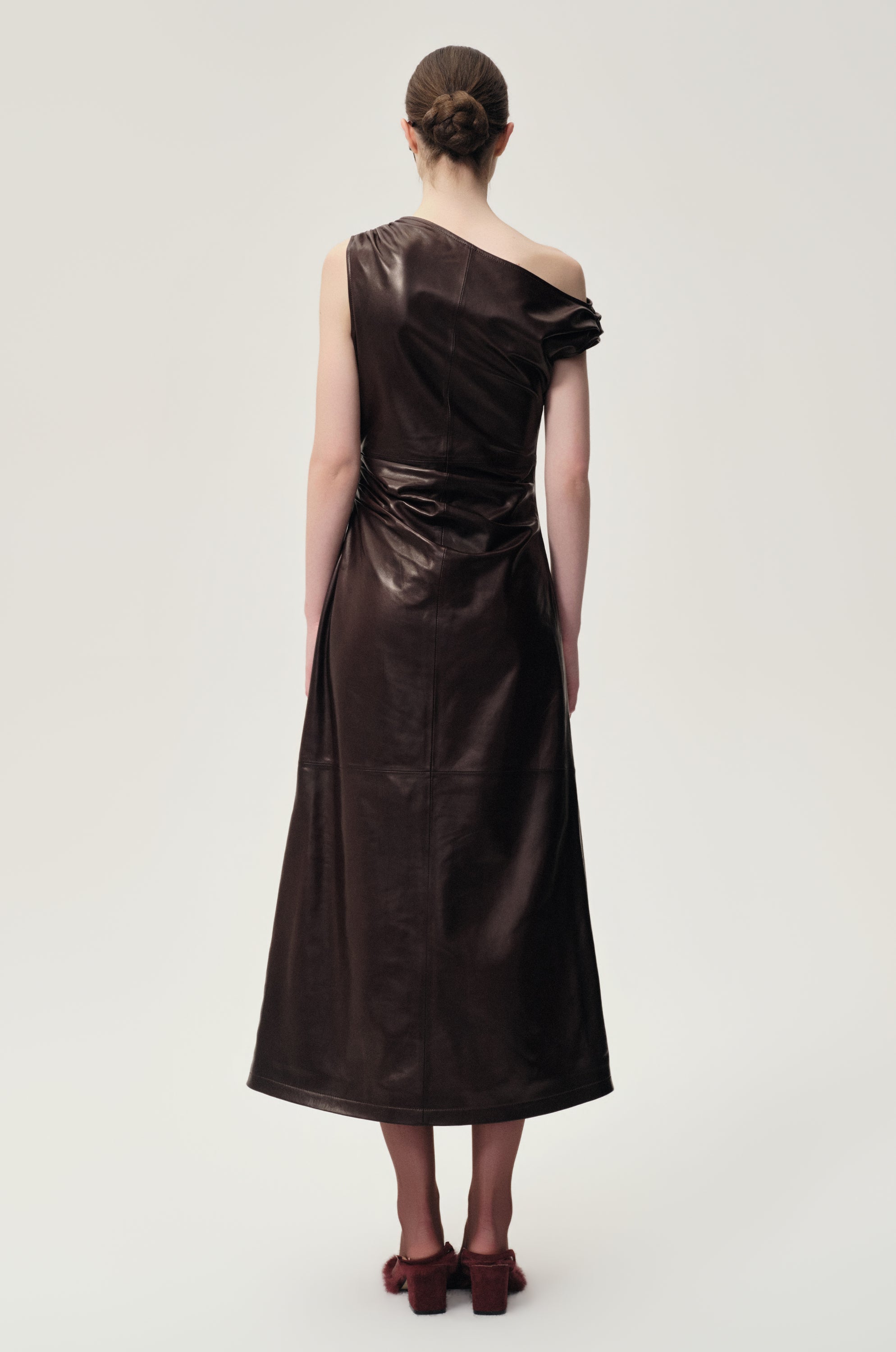 One-shoulder Draped Lambskin Dress Rum