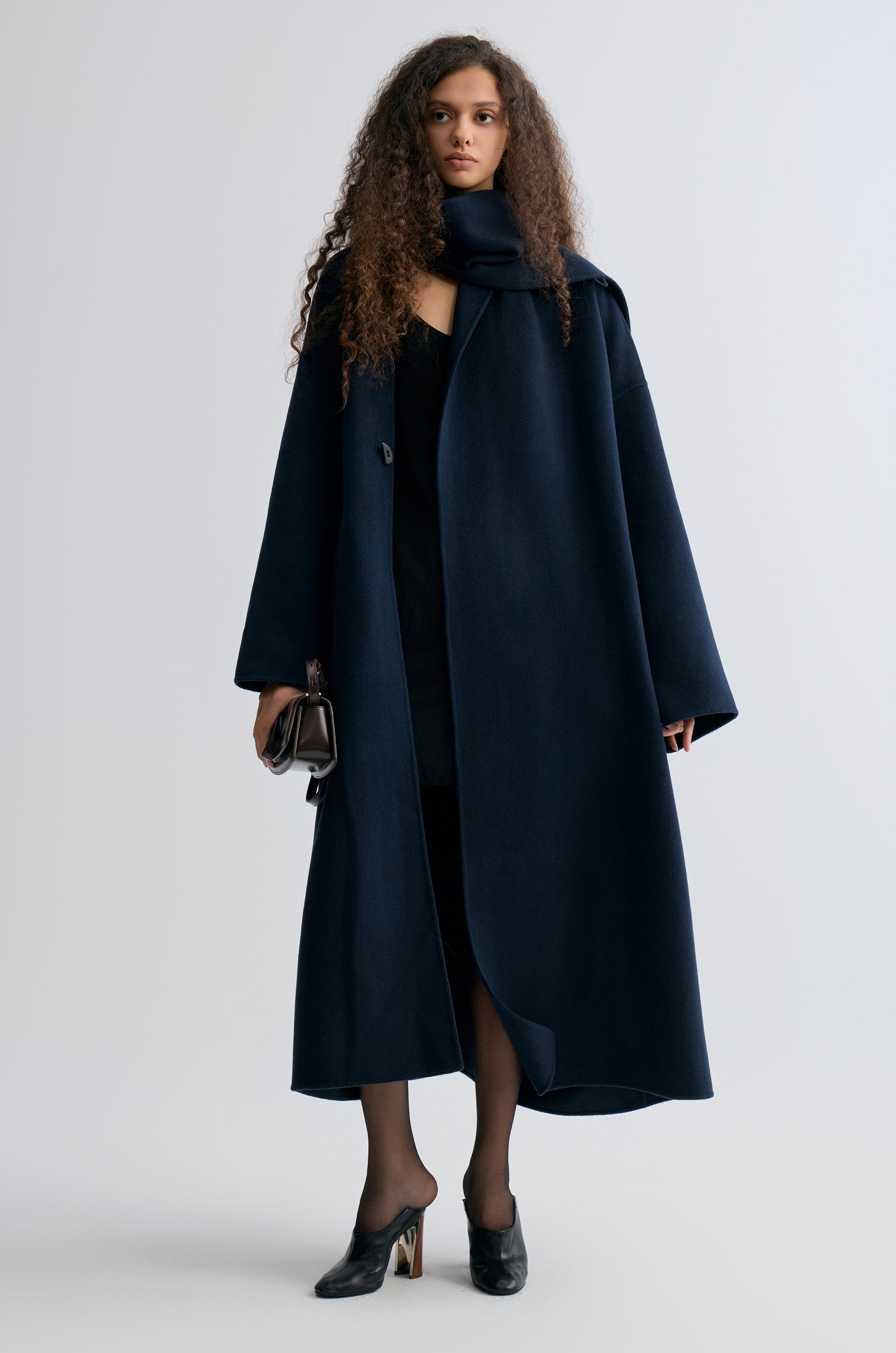 Oversized Double-faced Scarf Coat Navy